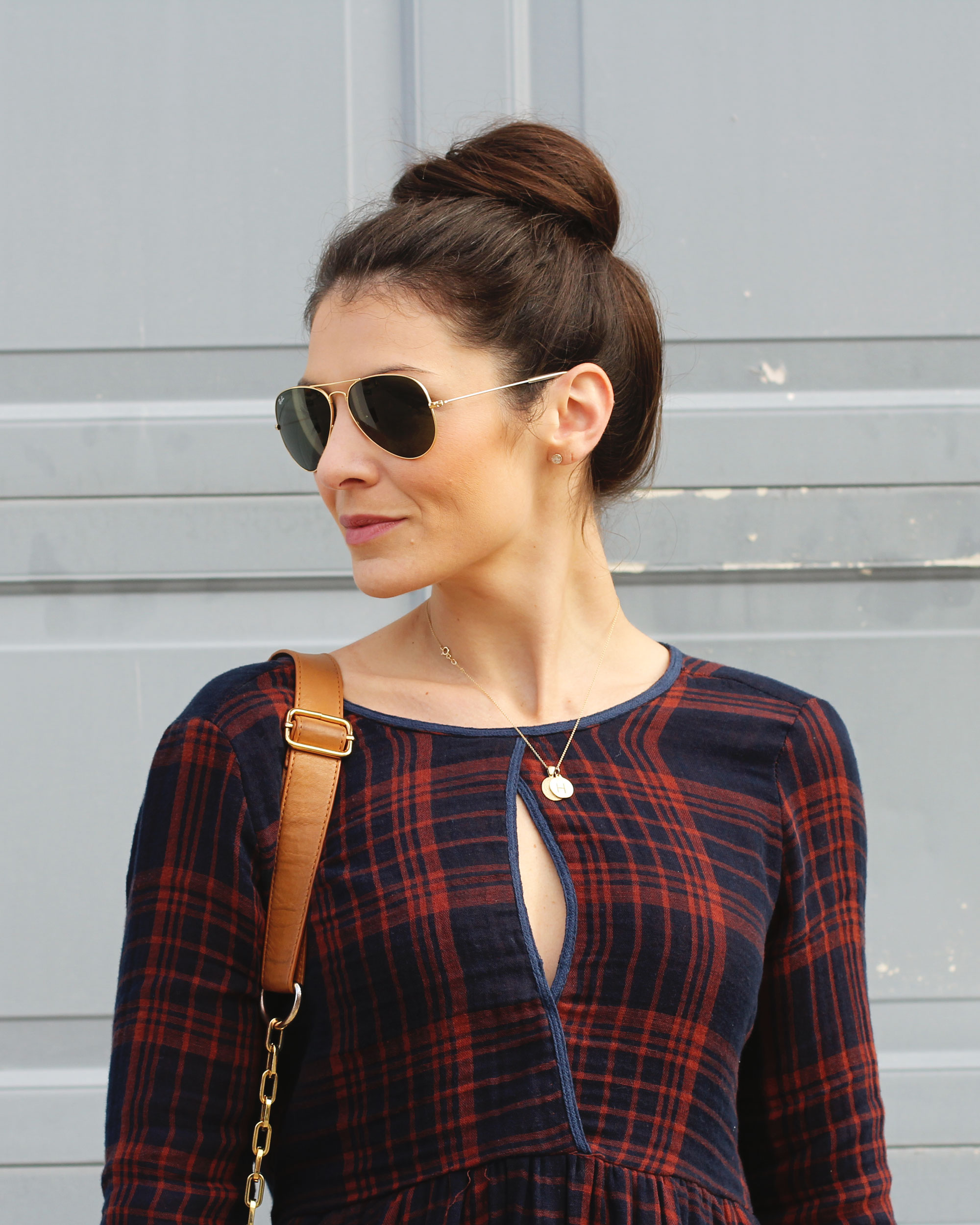 Fall Fashion, Altar'd State Plaid Dress, Joie Dalton Booties, Tory Burch Crossbody, and Ray-Ban Aviator Sunglasses, Casual Fall Style