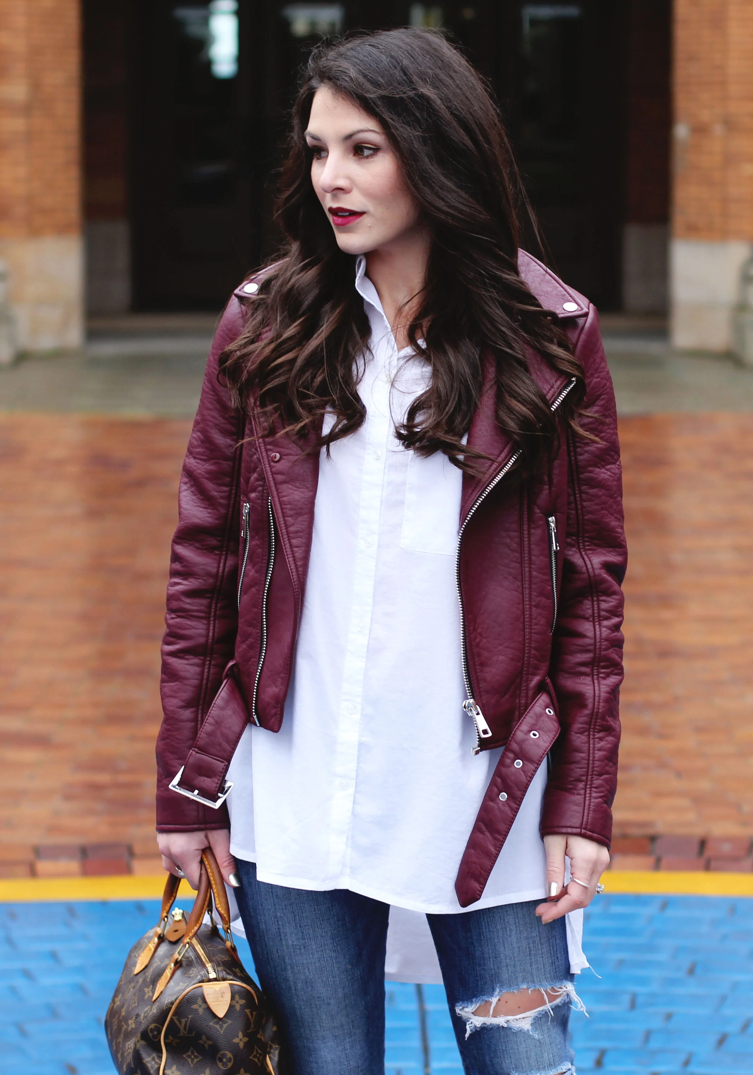 Fall Outfit, Forever 21 Faux Fur Moto Jacket, Forever 21 Dropped Hem Oversized Shirt, Joes Jeans Destroyed Skinny Jeans, Dolce Vita Boots, Louis Vuitton Speedy 25, 10 Things I Hate About You HS