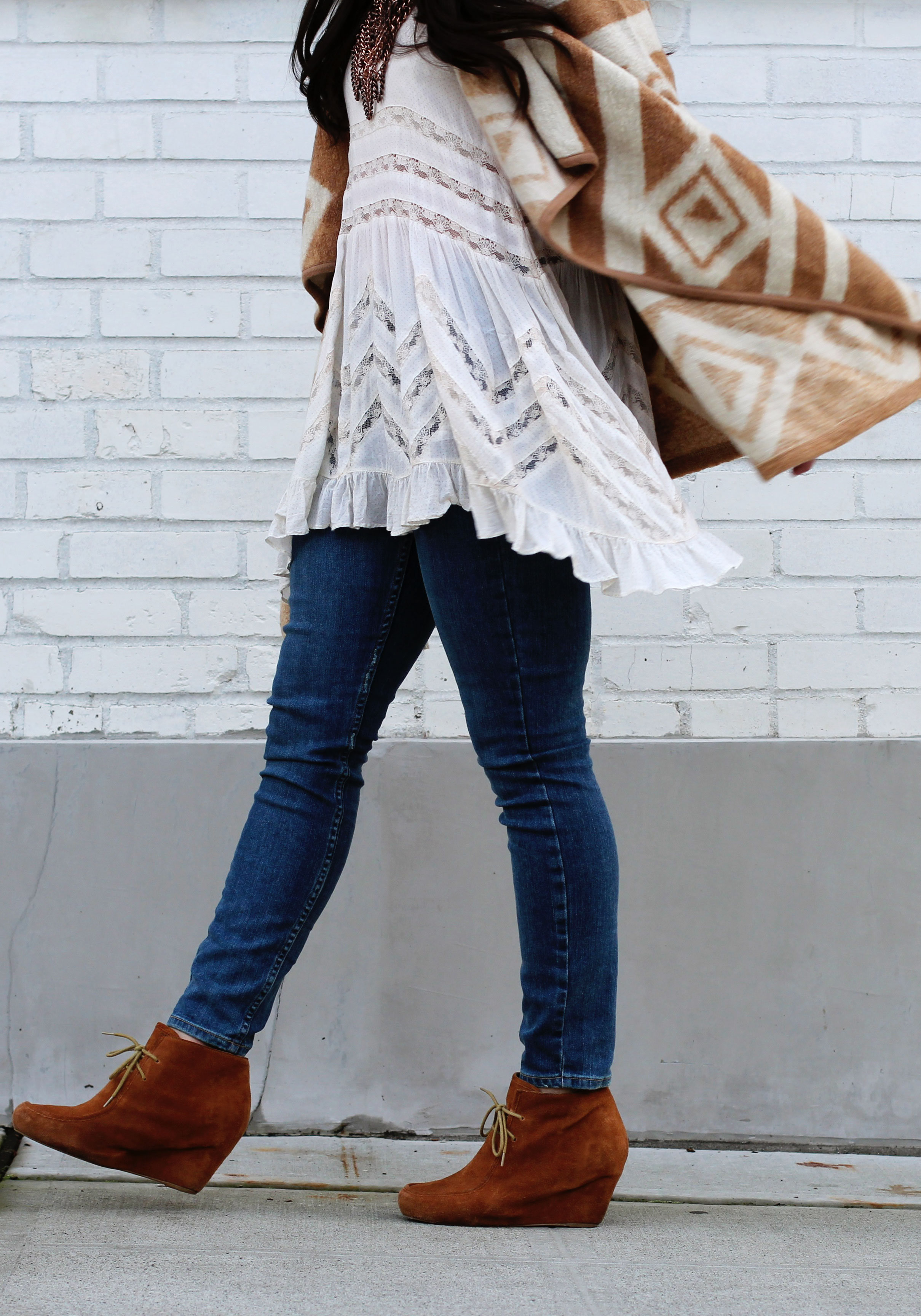 Fall Outfit, Bar III Aztec Print Flyaway Cardigan, Free People Trapeze Top, Paige Ankle Jeans, Dolce Vita Booties, Forever 21 Fedora