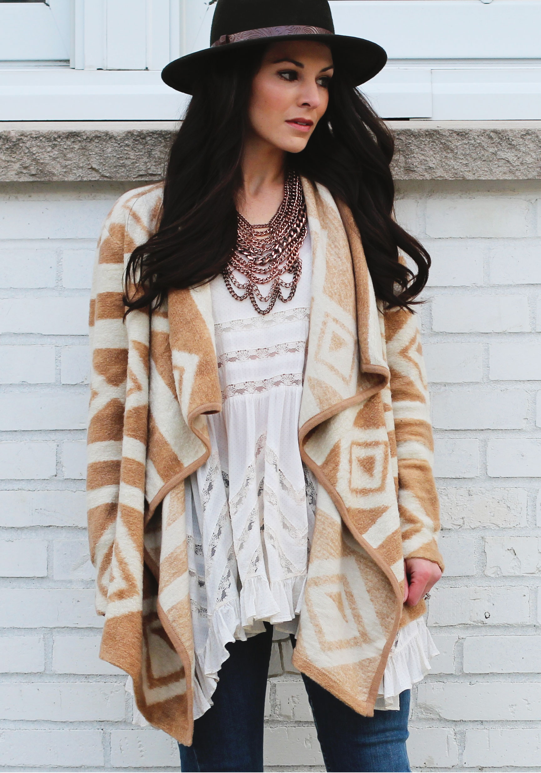 Fall Outfit, Bar III Aztec Print Flyaway Cardigan, Free People Trapeze Top, Paige Ankle Jeans, Dolce Vita Booties, Forever 21 Fedora