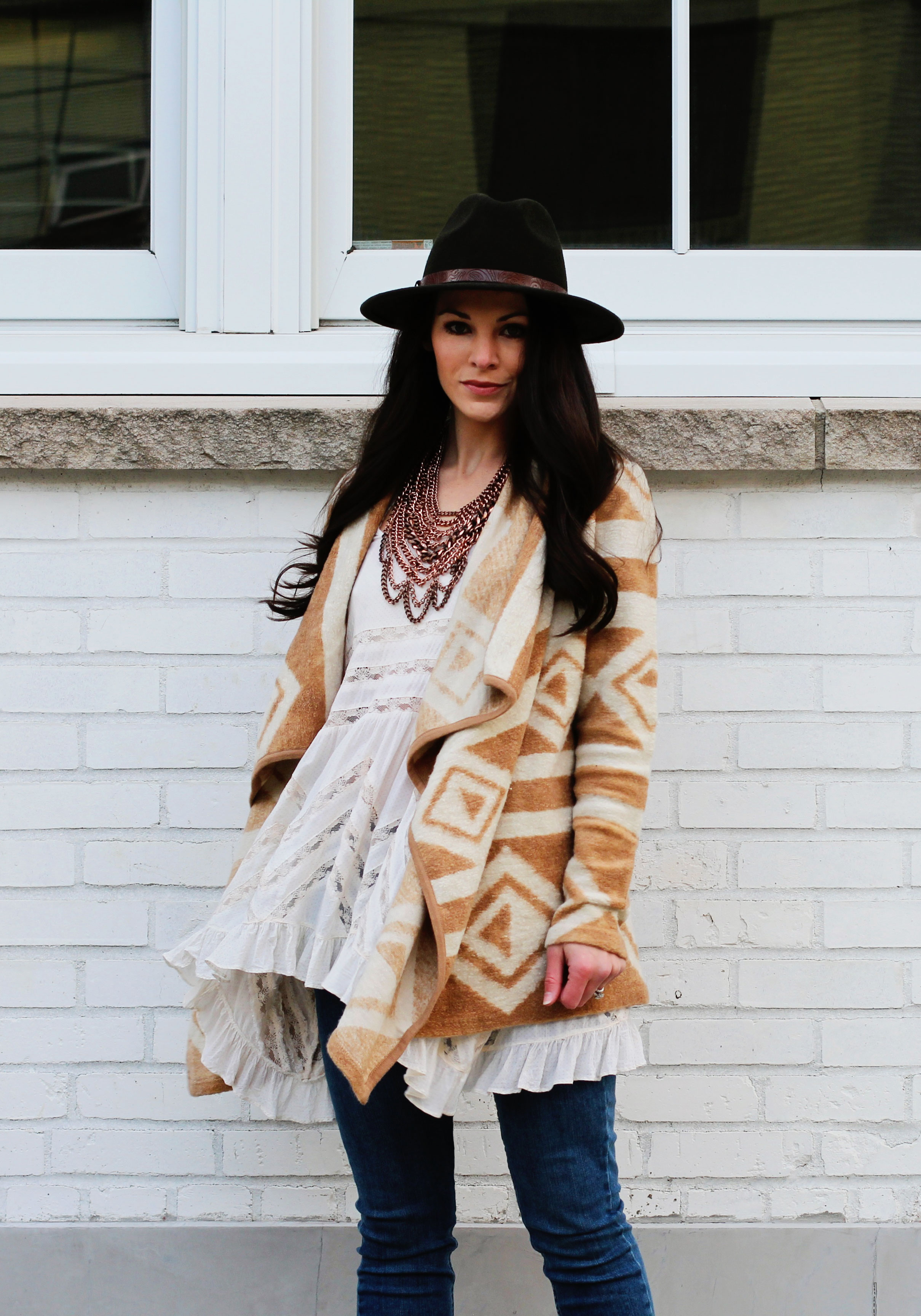 Fall Outfit, Bar III Aztec Print Flyaway Cardigan, Free People Trapeze Top, Paige Ankle Jeans, Dolce Vita Booties, Forever 21 Fedora