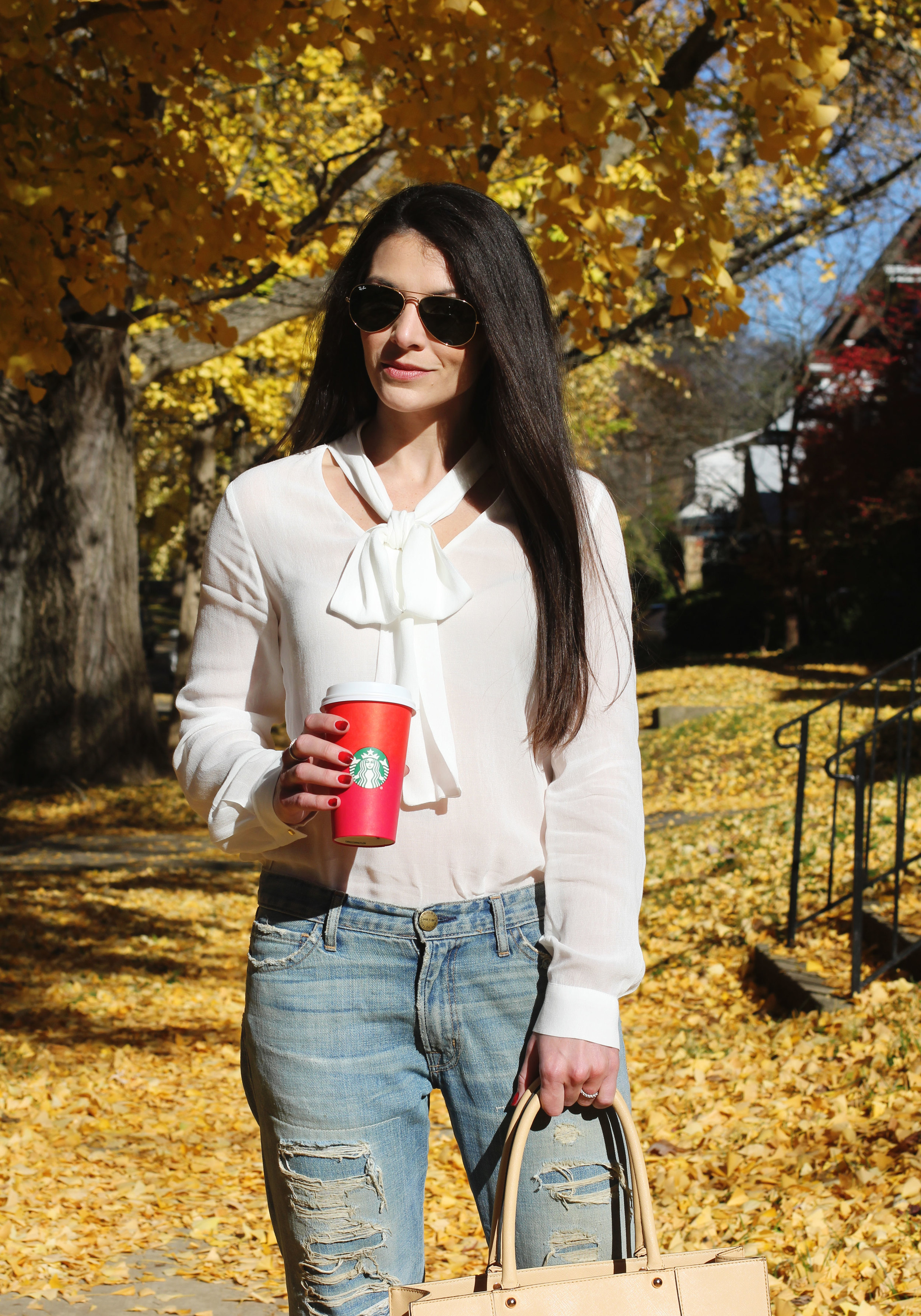 Fall Outfit, Thanksgiving Outfit, Current Elliott Boyfriend Jeans, Zara Bow Blouse, Tan Suede Pumps, Rebecca Minkoff Medium MAB Tote, Ombre Nail Polish