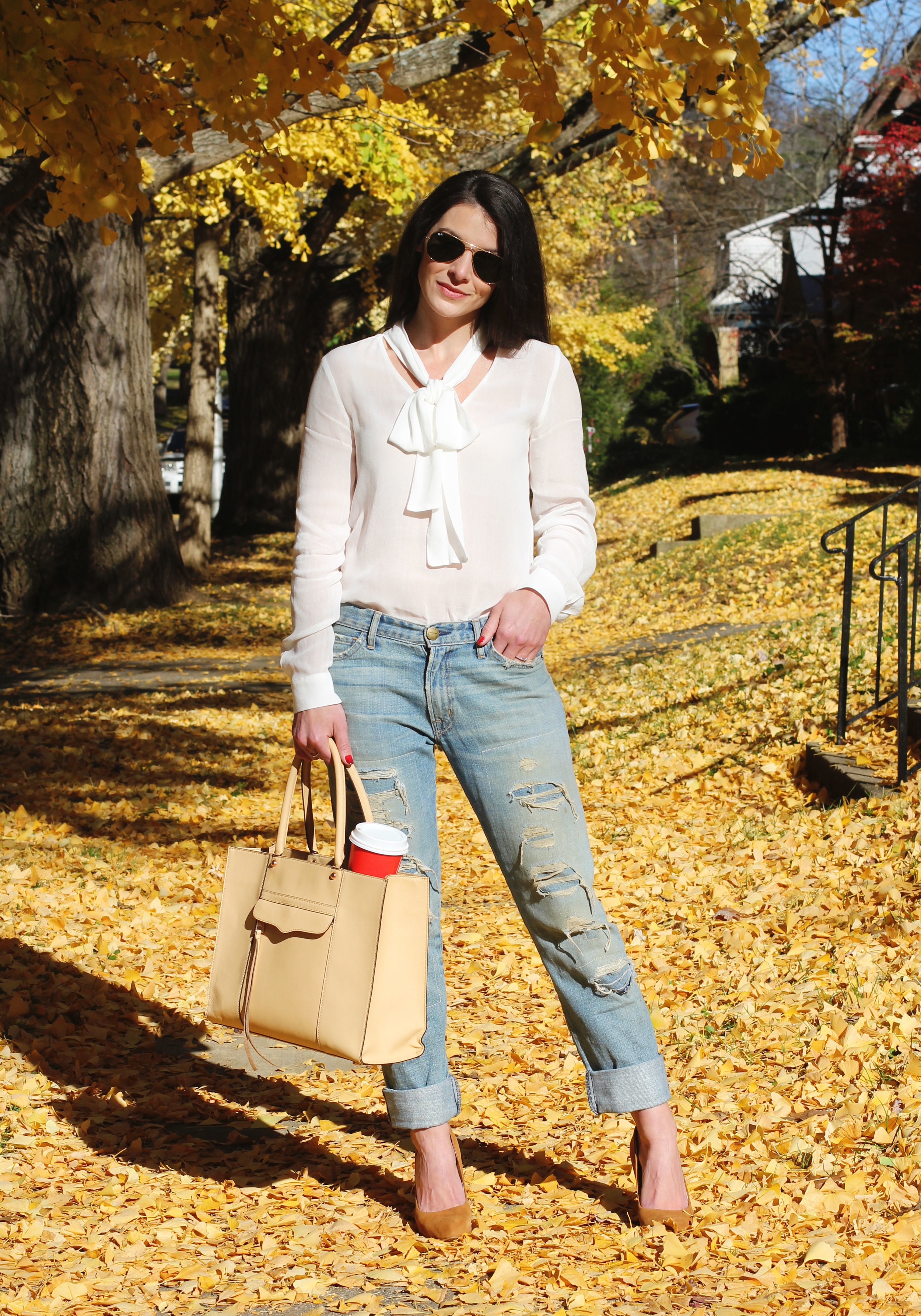 Fall Outfit, Thanksgiving Outfit, Current Elliott Boyfriend Jeans, Zara Bow Blouse, Tan Suede Pumps, Rebecca Minkoff Medium MAB Tote, Ombre Nail Polish