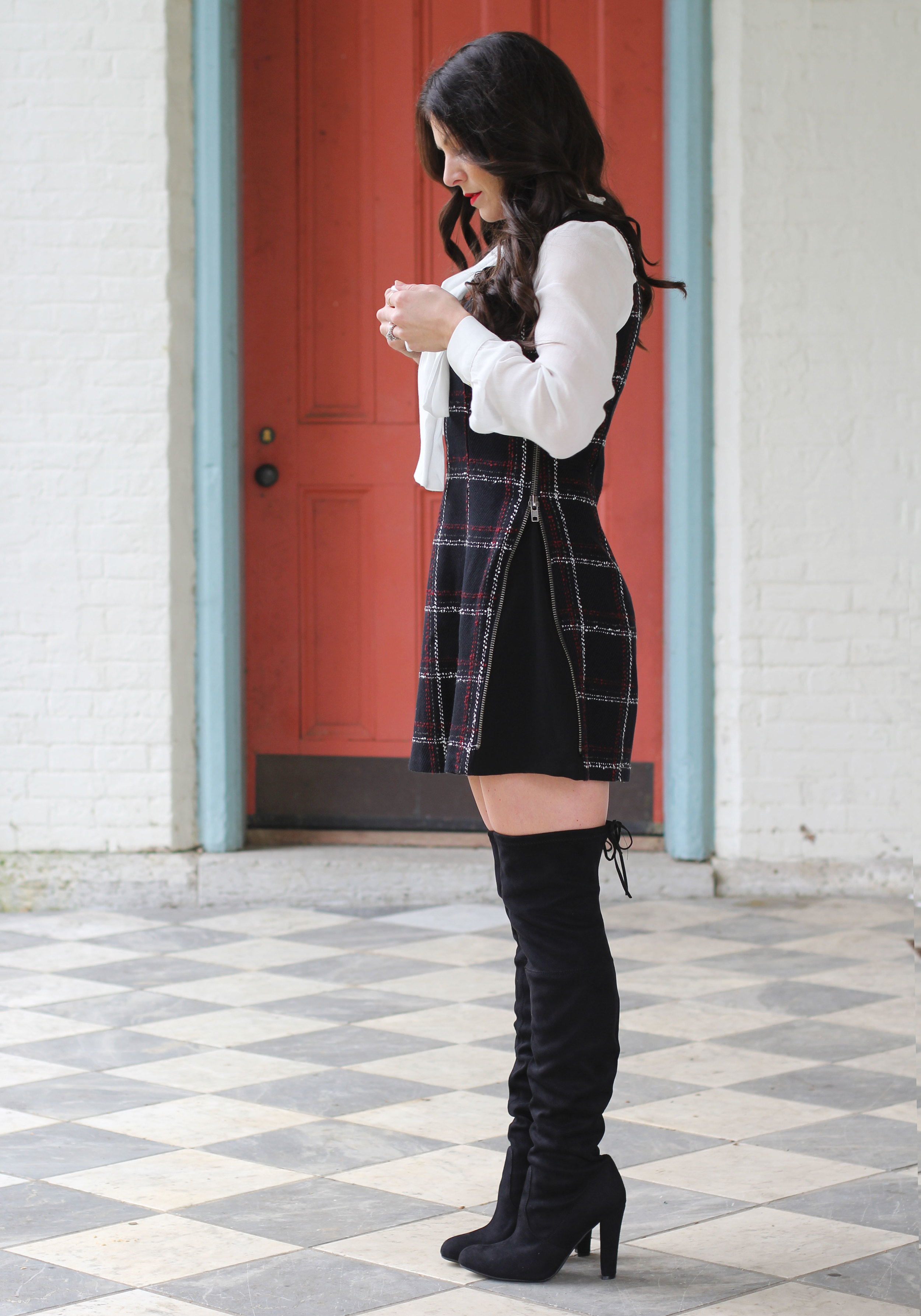 Holiday Party Outfit, How to Re-Wear an Old Dress, BCBGeneration tweed dress, Zara Bow Blouse, Steve Madden Gorgeous Over The Knee Boots