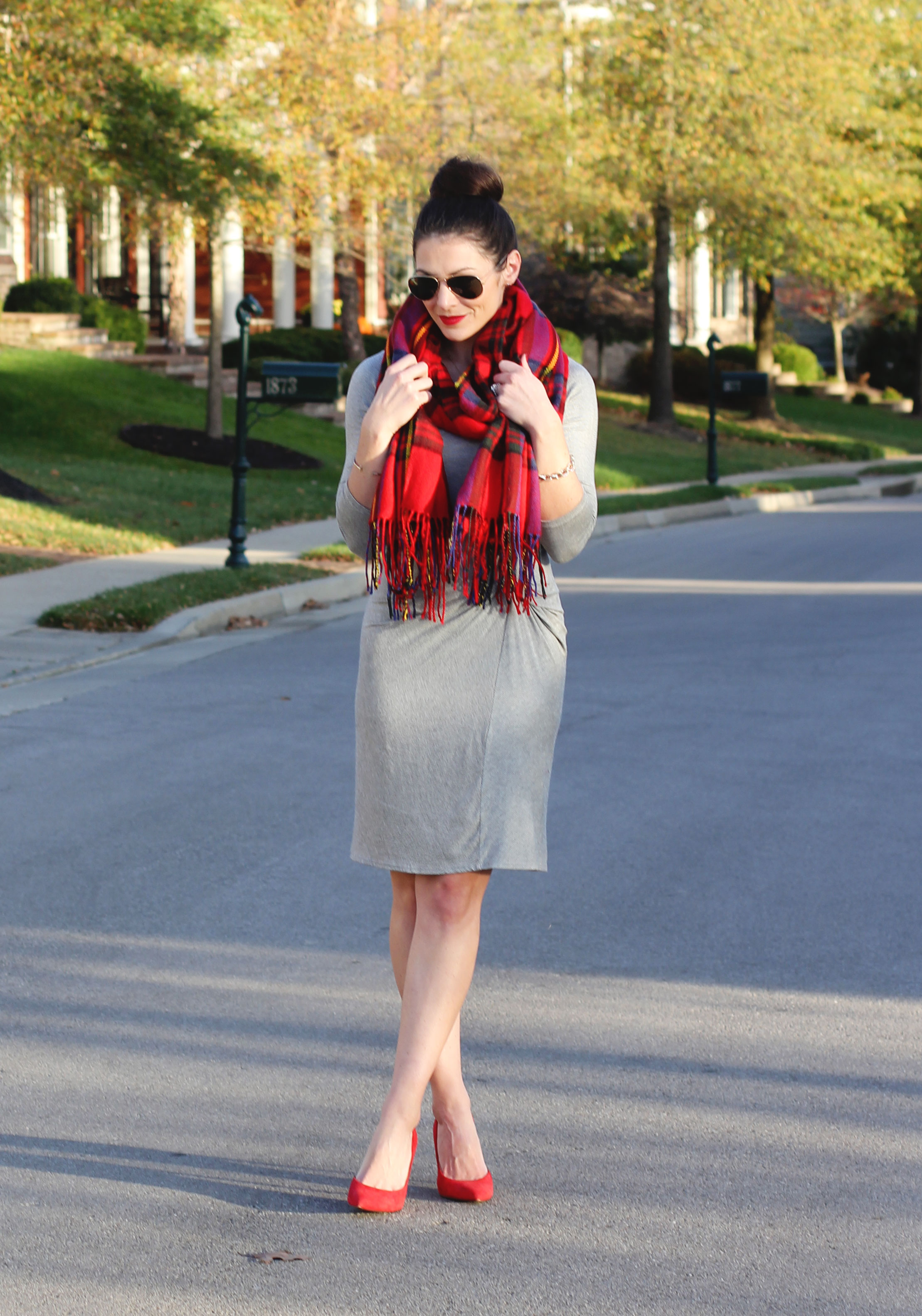 Anthropologie Amadi Knotted Knit Dress, Plaid Blanket Scard, Red Jessica Simpson Claudette Pumps, Casual Christmas Party Outfit, Red Longchamp