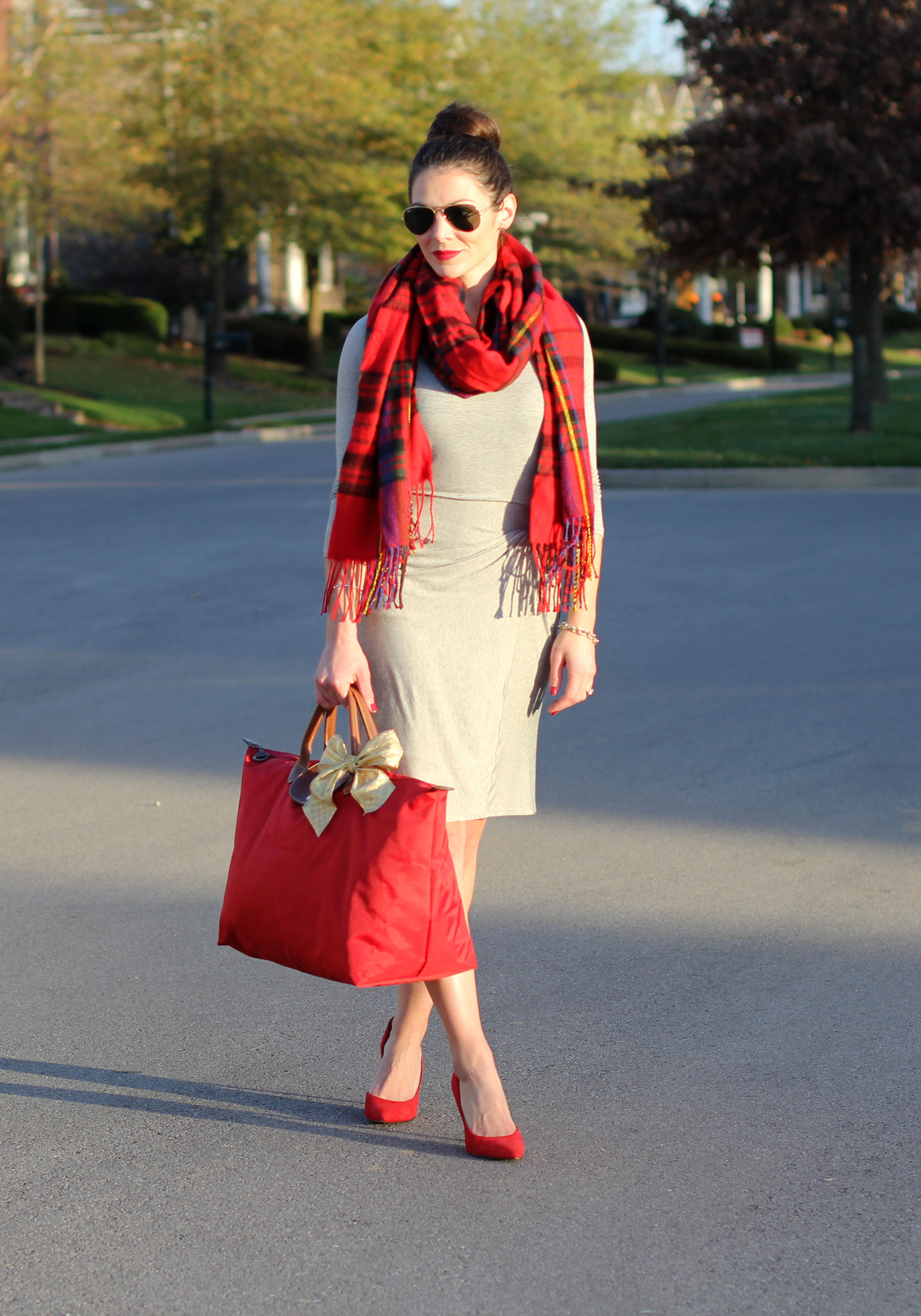 Anthropologie Amadi Knotted Knit Dress, Plaid Blanket Scard, Red Jessica Simpson Claudette Pumps, Casual Christmas Party Outfit, Red Longchamp