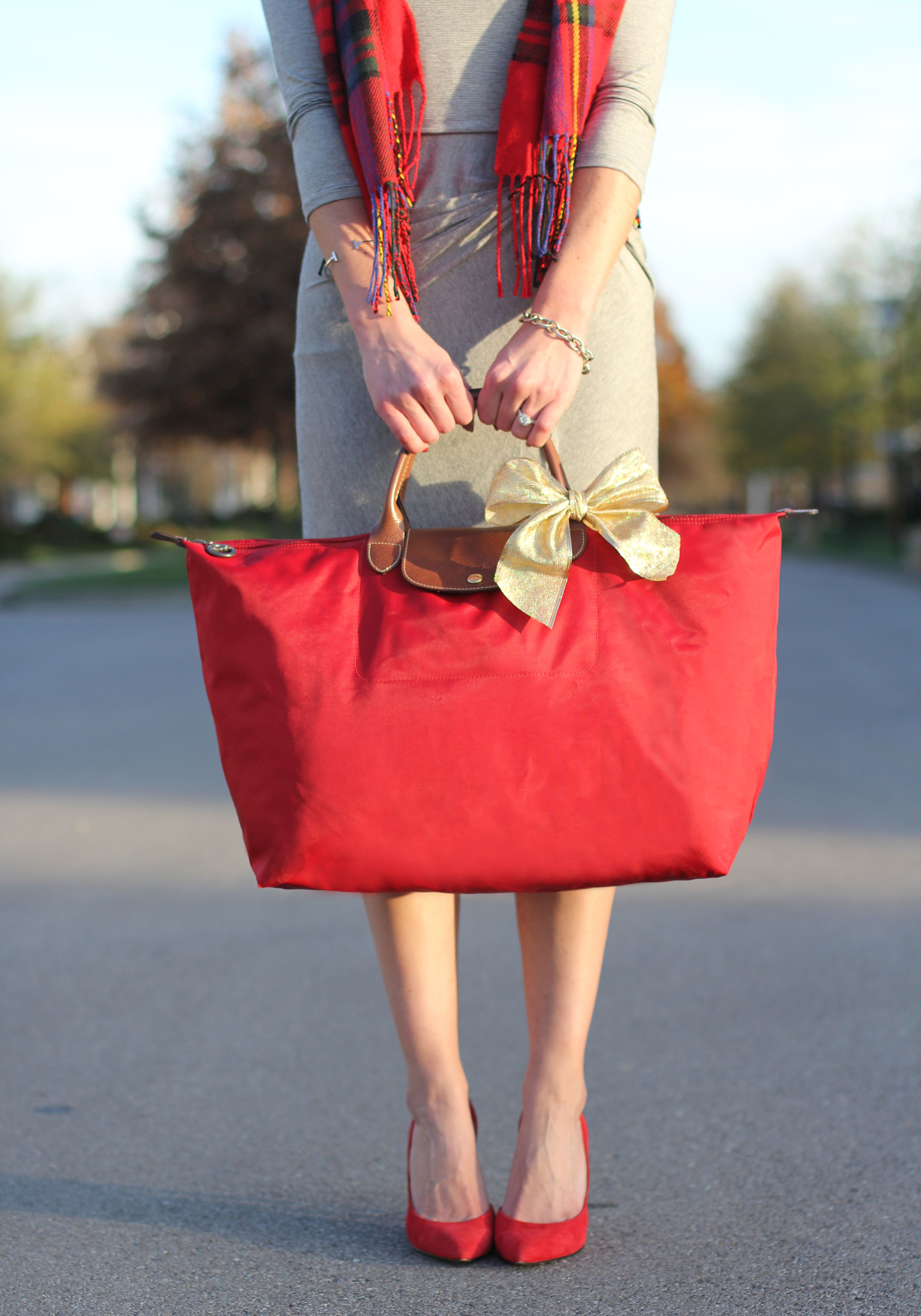 Anthropologie Amadi Knotted Knit Dress, Plaid Blanket Scard, Red Jessica Simpson Claudette Pumps, Casual Christmas Party Outfit, Red Longchamp