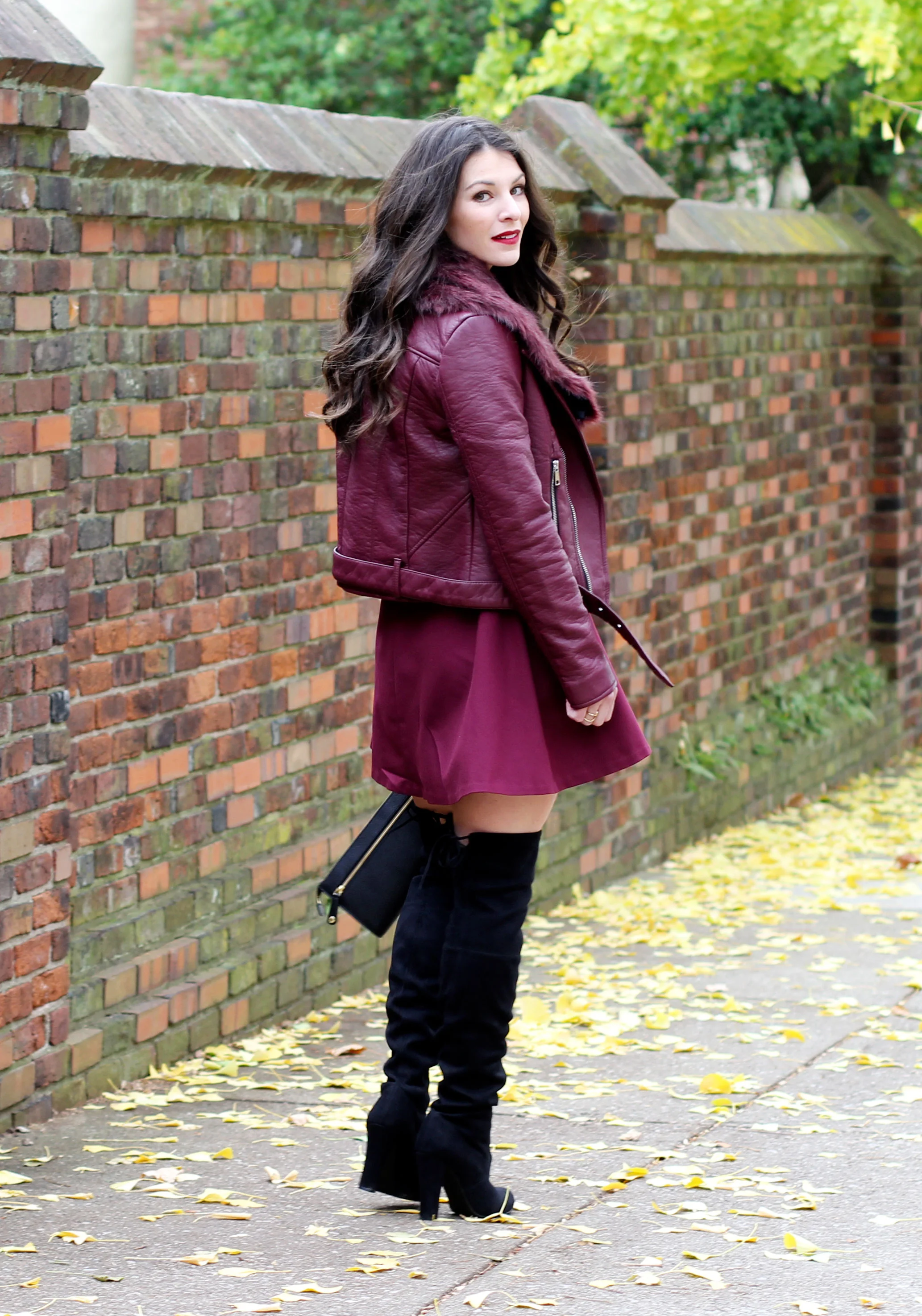 Holiday Outfit, Winter Fashion, Maroon Moto Jacket, Marsala Skater Dress, Steve Madden Gorgeous Over The Knee Boots, Vera Bradley Calf Hair Wristlet, Jenny Bird Necklace