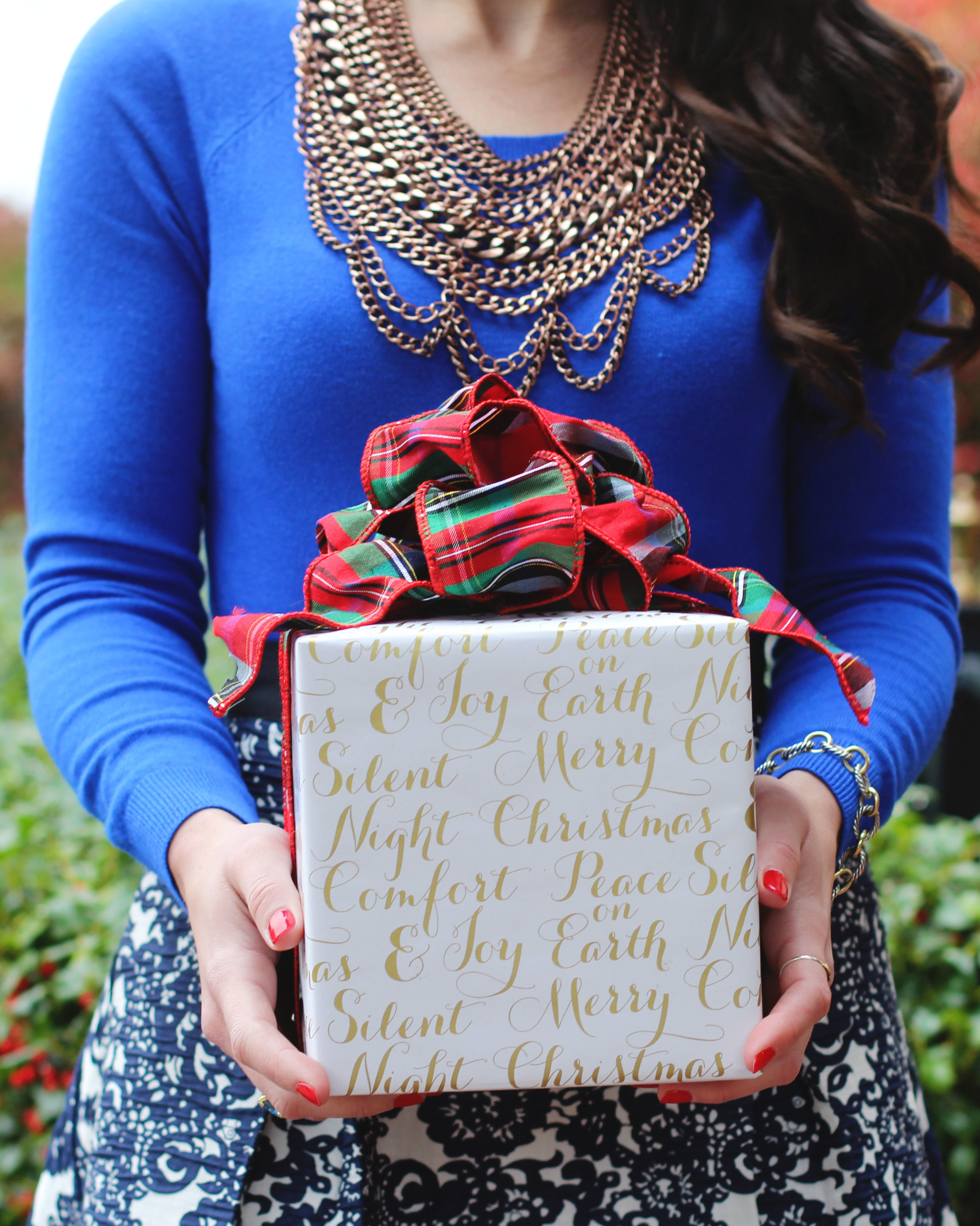 Holiday Outfit, Christmas Party Outfit, Anthropologie Vespertine High Low Skirt, Target Cobalt Blue Sweater, Wine Pumps, Rebecca Minkoff Envelope Clutch, Baublebar Courtney Bib Neclace