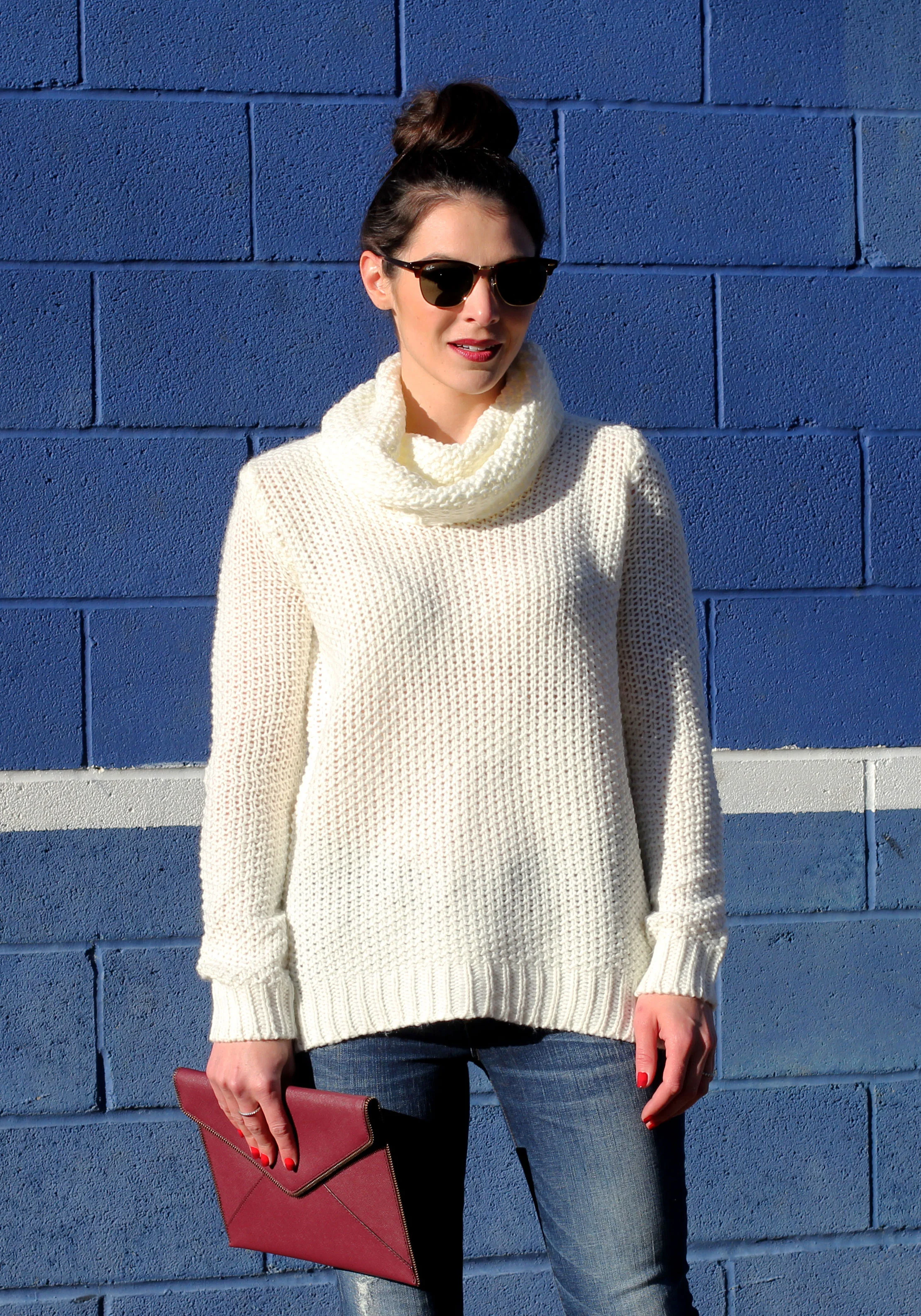 Winter Outfit, Turtleneck Sweater, J.Crew Skinny Jeans, Wine Pumps, Wine Rebecca Minkoff Envelope Clutch, Ray-Ban Clubmaster Sunglasses, Wine Faux Leather Moto Jacket, Fashion Blogger Winter Style