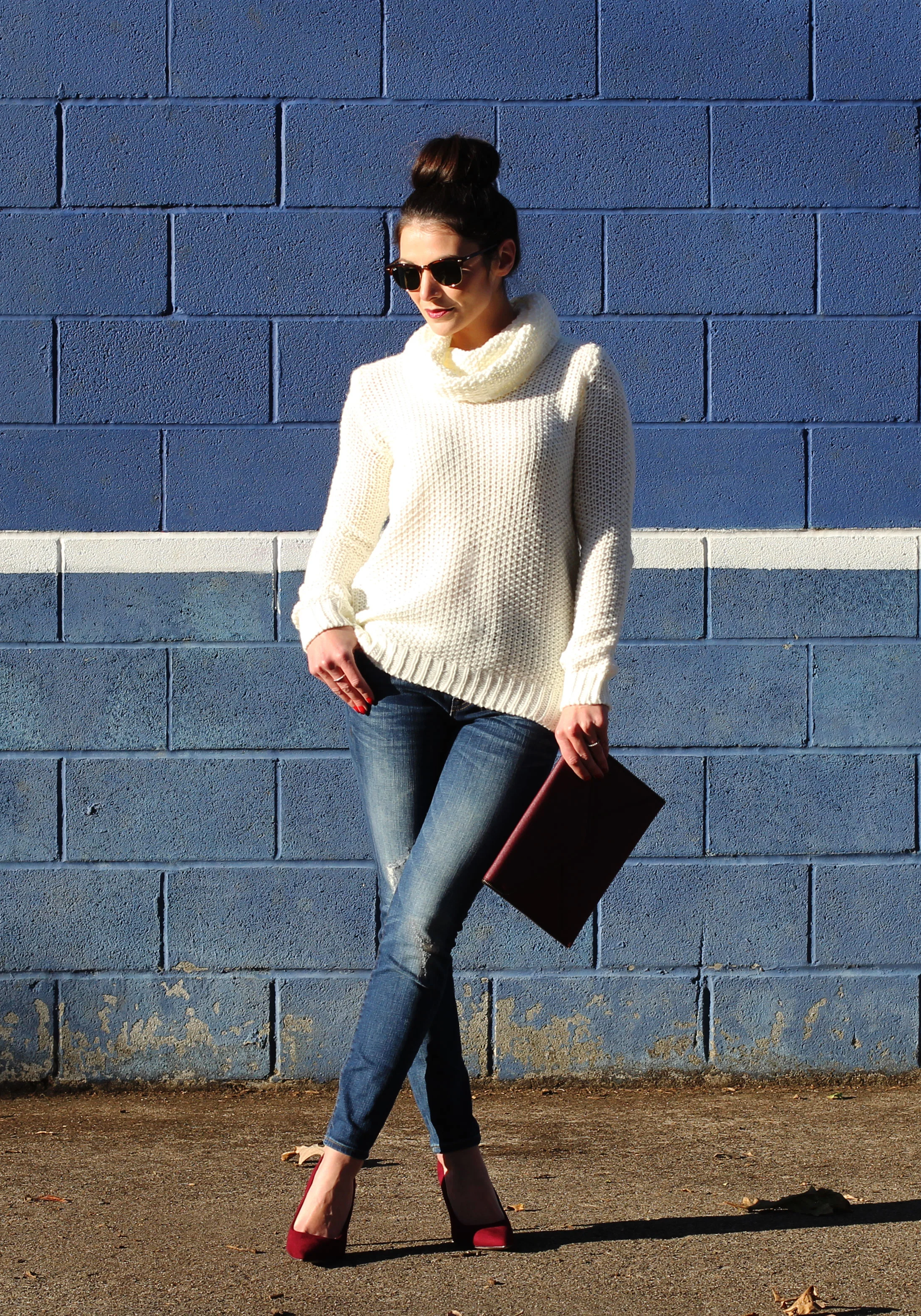 Winter Outfit, Turtleneck Sweater, J.Crew Skinny Jeans, Wine Pumps, Wine Rebecca Minkoff Envelope Clutch, Ray-Ban Clubmaster Sunglasses, Wine Faux Leather Moto Jacket, Fashion Blogger Winter Style