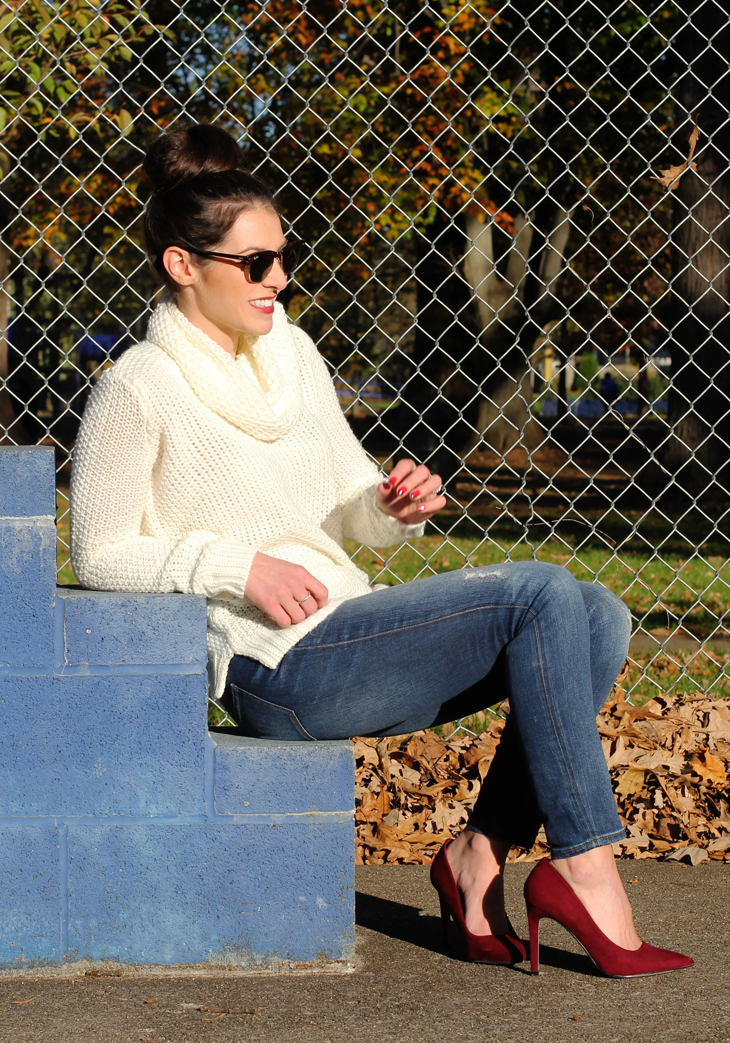 Winter Outfit, Turtleneck Sweater, J.Crew Skinny Jeans, Wine Pumps, Wine Rebecca Minkoff Envelope Clutch, Ray-Ban Clubmaster Sunglasses, Wine Faux Leather Moto Jacket, Fashion Blogger Winter Style