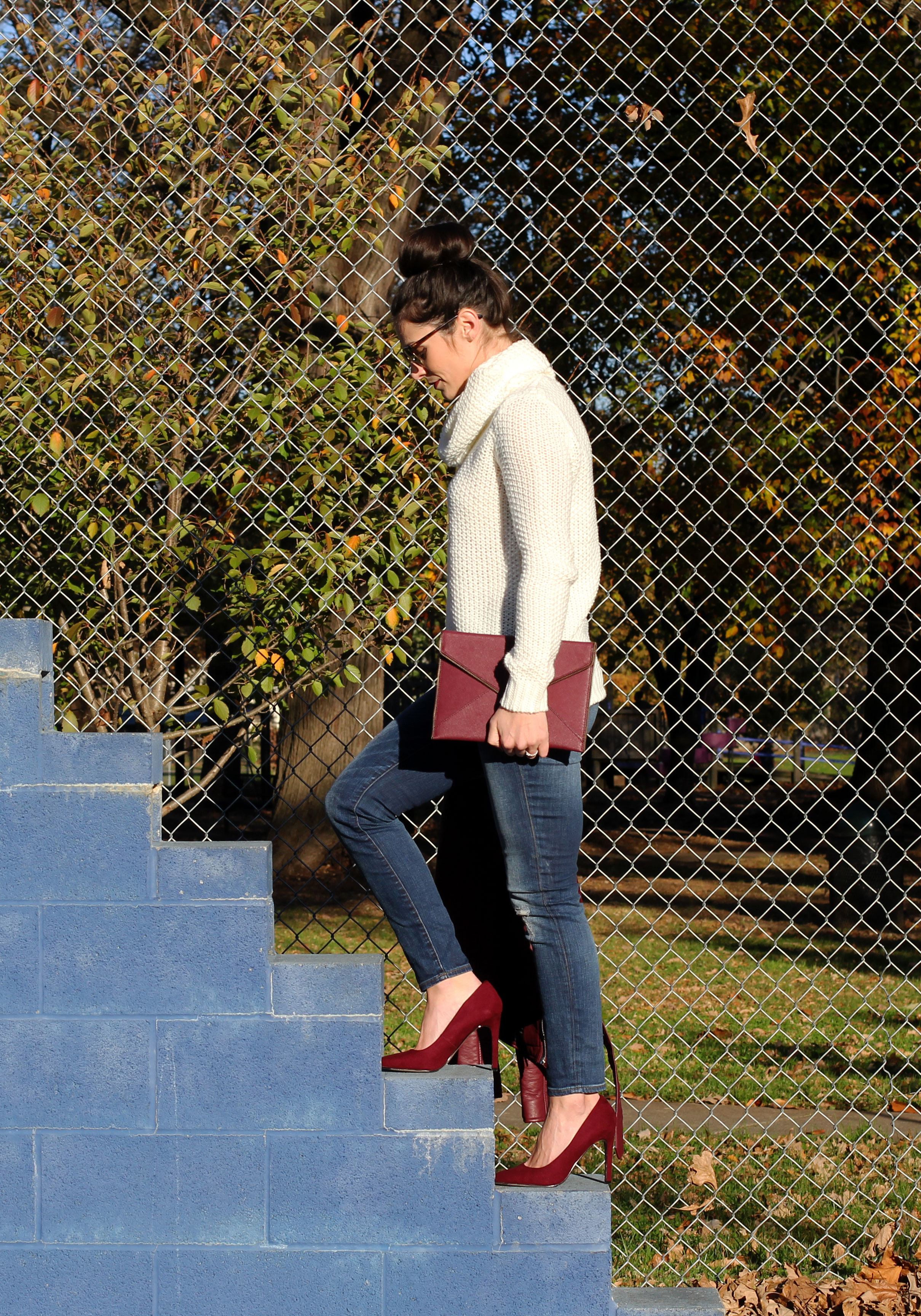 Winter Outfit, Turtleneck Sweater, J.Crew Skinny Jeans, Wine Pumps, Wine Rebecca Minkoff Envelope Clutch, Ray-Ban Clubmaster Sunglasses, Wine Faux Leather Moto Jacket, Fashion Blogger Winter Style