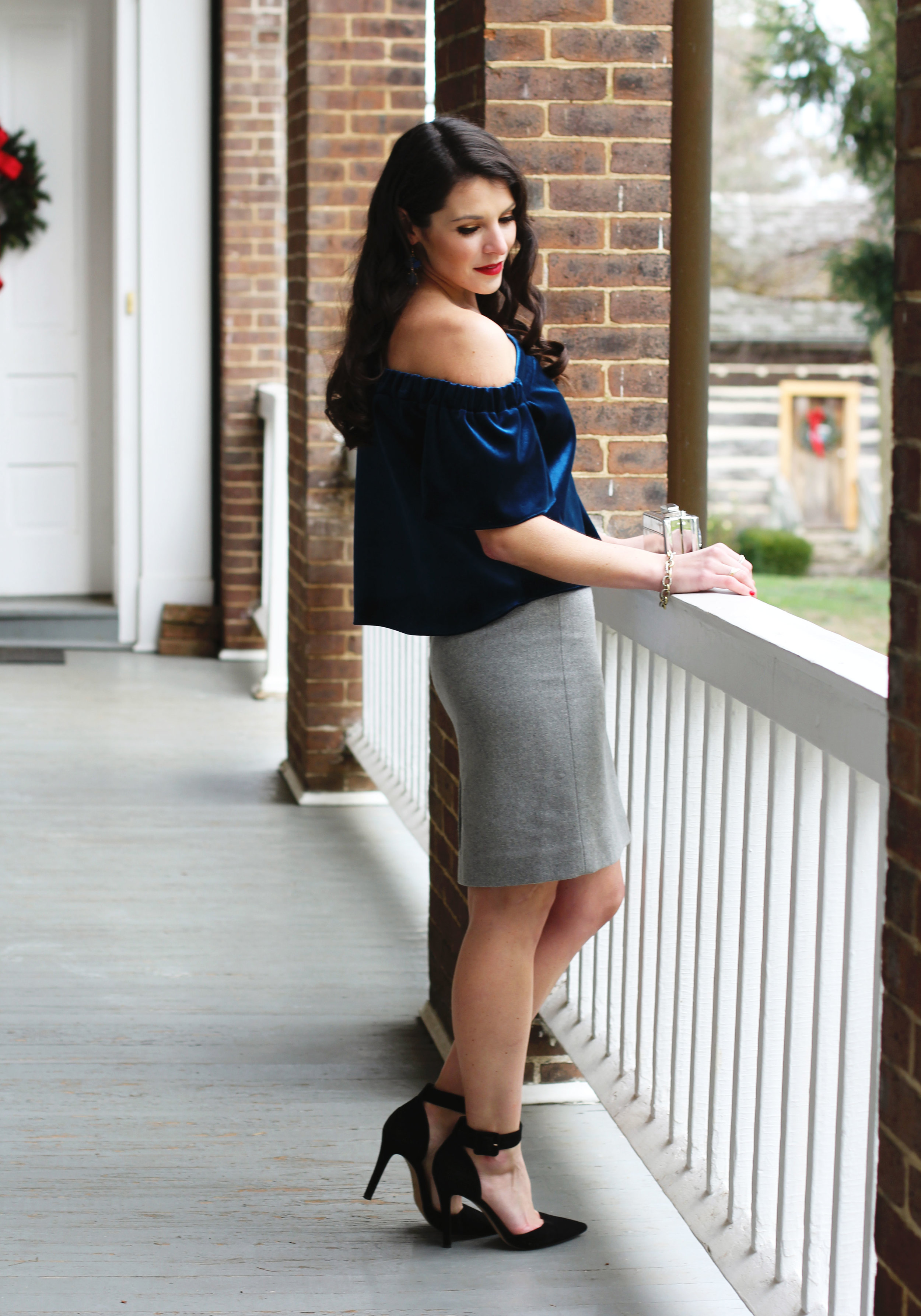 Holiday Outfit, TOPSHOP Bardot Velvet Off The Shoulder Top, J.Crew Pencil Skirt, Jessica Simpson Pumps, Retro Wave Hair Style, MAC Ruby Woo Lipstick