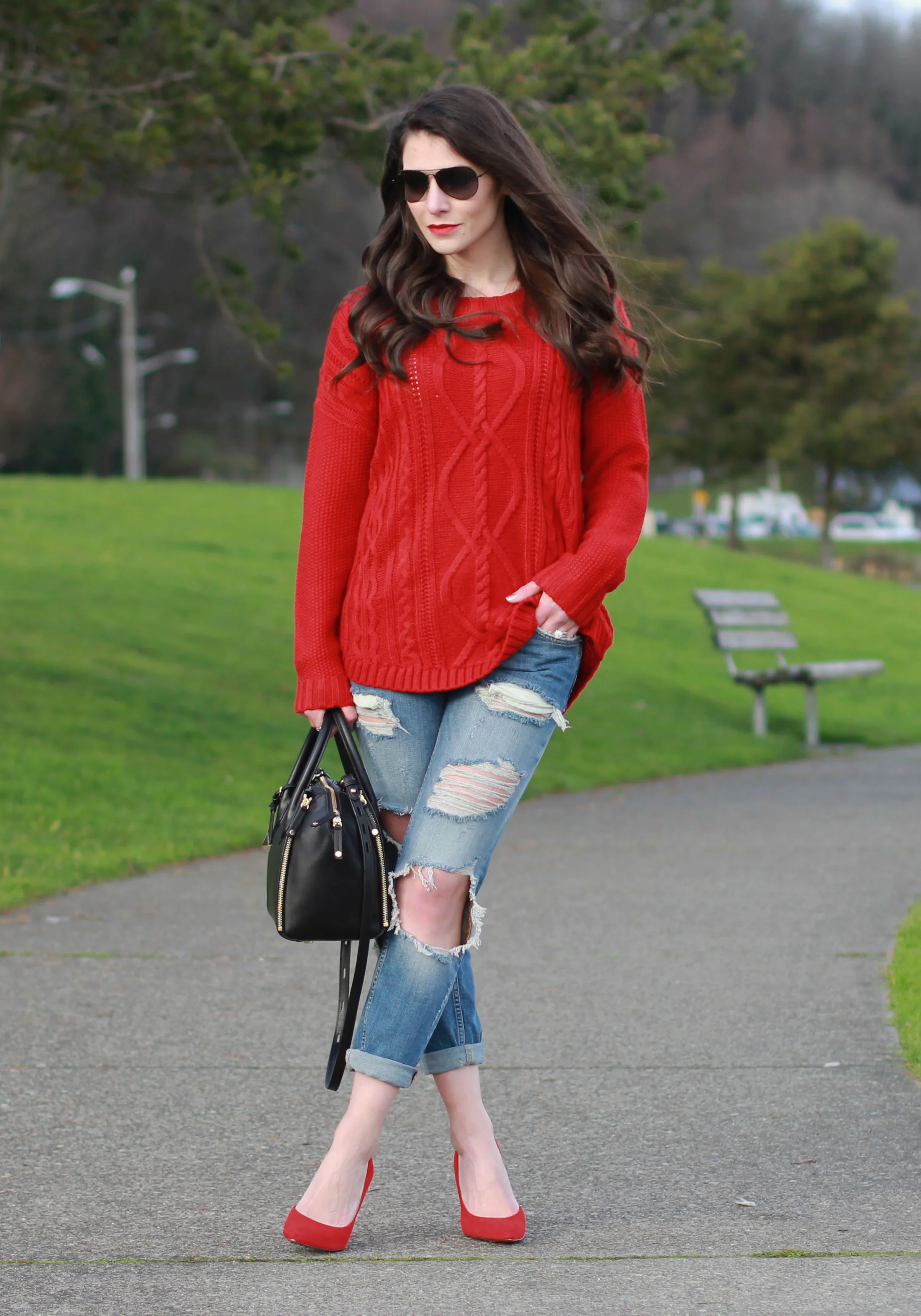 Holiday Outfit, Winter Oufit, Zara Destroyed Jeans, Red Sweater, Red Pumps, Rebecca Minkoff Mini Perry Satchel, Maui Jim Black Aviator Sunglasses