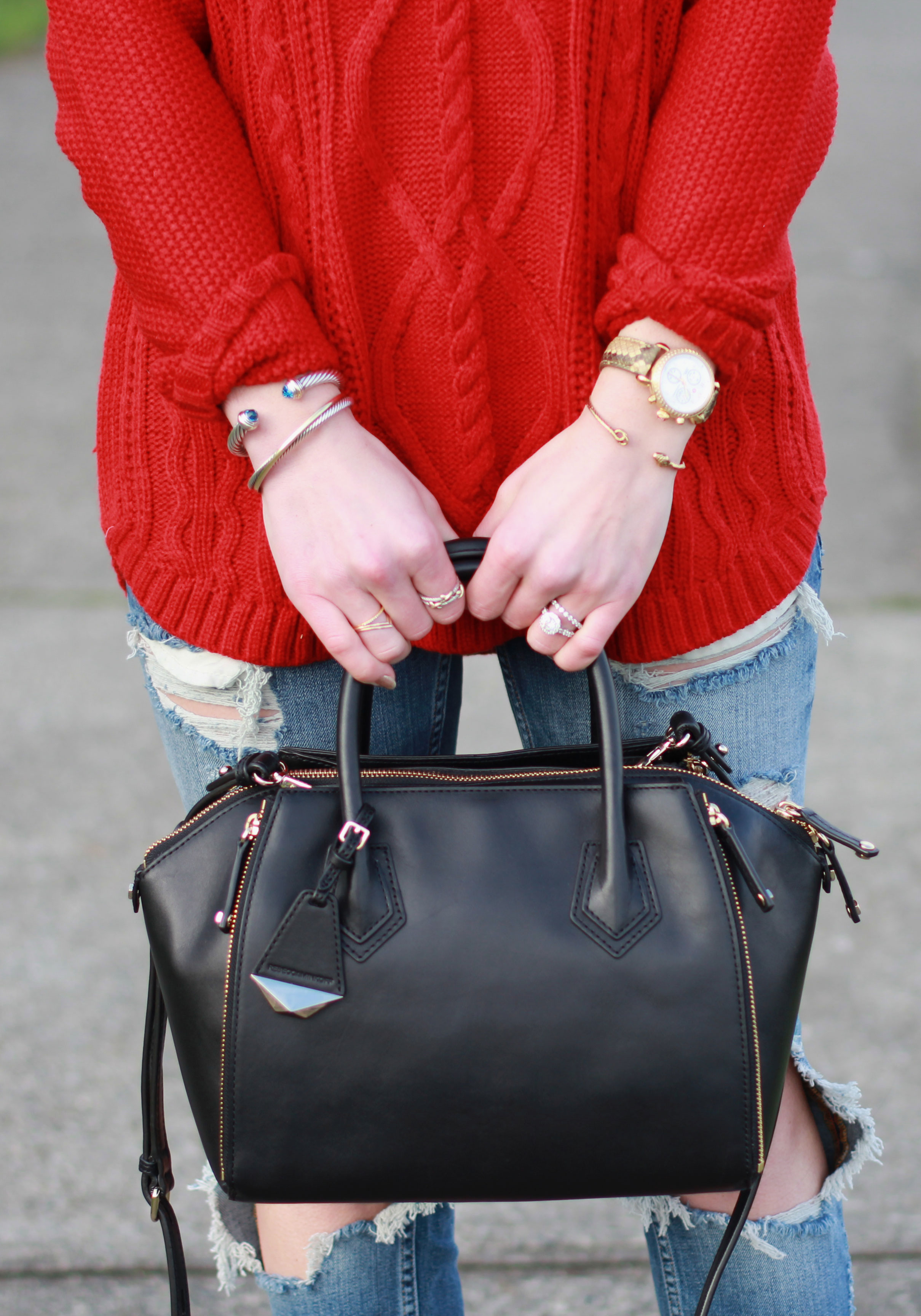 Holiday Outfit, Winter Oufit, Zara Destroyed Jeans, Red Sweater, Red Pumps, Rebecca Minkoff Mini Perry Satchel, Maui Jim Black Aviator Sunglasses