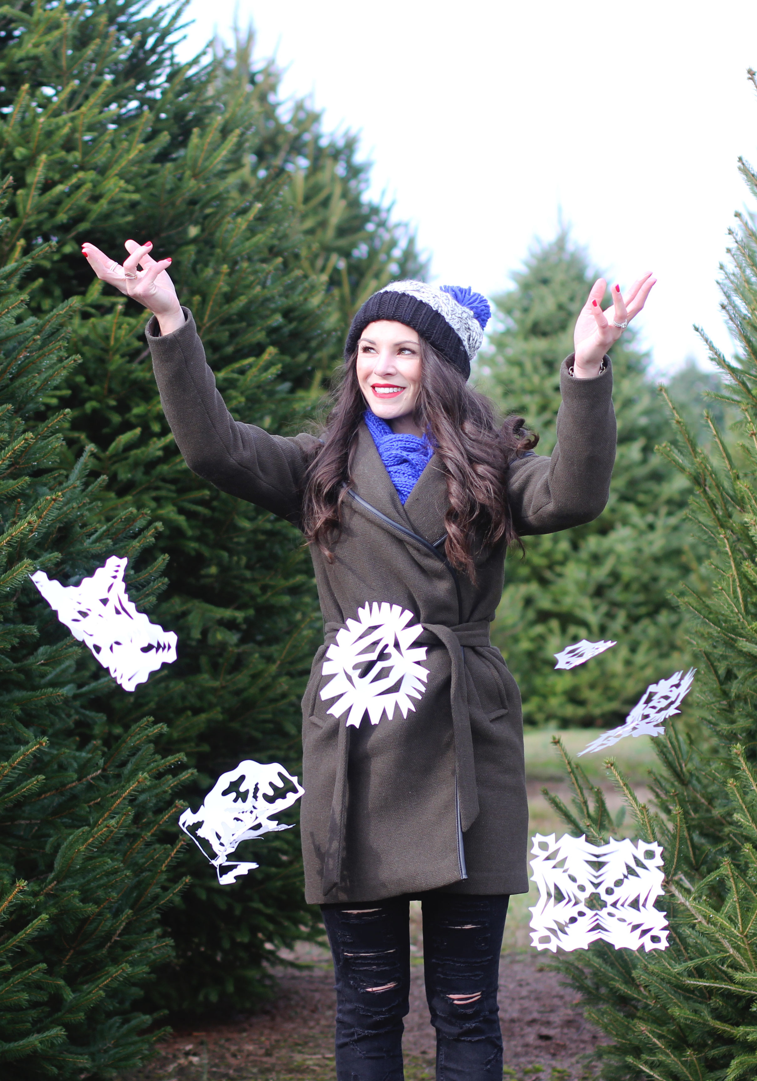 Winter Outfit, Calvin Klein Hooded Wrap Coat, Sorel 'Joan of Arctic' Wedge Boots, Shredded Black Jeans, American Eagle Cable Knit Scarf and Beanie, Paper Snowflakes