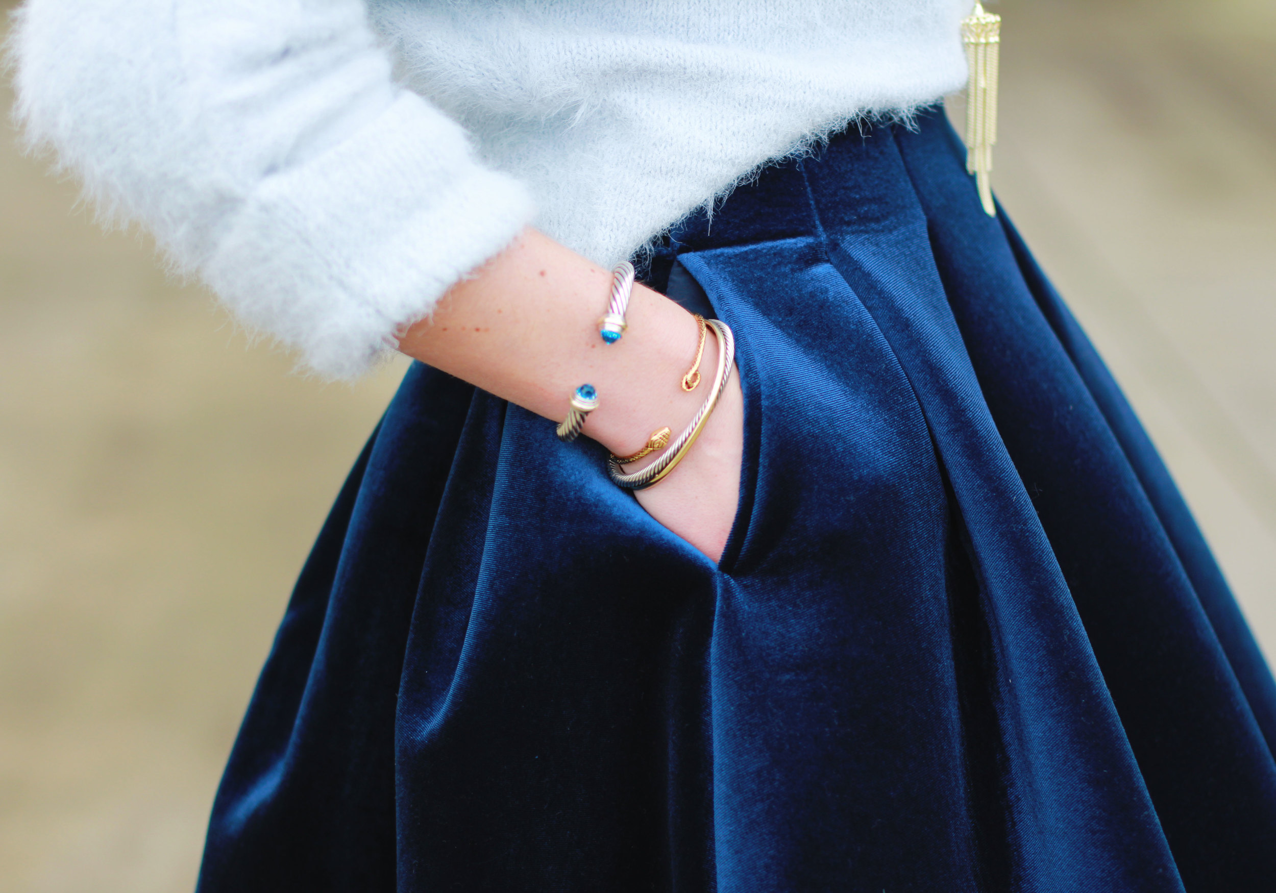 Winter Outfit, Lauren Conrad Runway Velvet Pleated Skirt, LC Lauren Conrad Eyelash Boatneck Sweater, Black Booties, MAC Ruby Woo Lipstick, David Yurman Bracelets