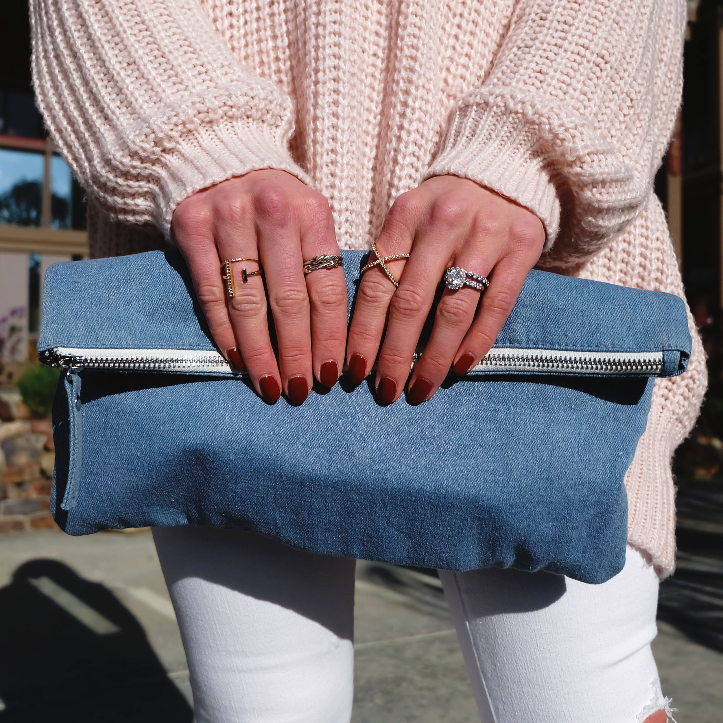 Winter Outfit, Leith Oversized Sweater in Rose Quartz, White Distressed Skinny Jeans, Jessica Simpson Cassley Booties, Pastel Outfit, Pantone Colors of The Year 2016