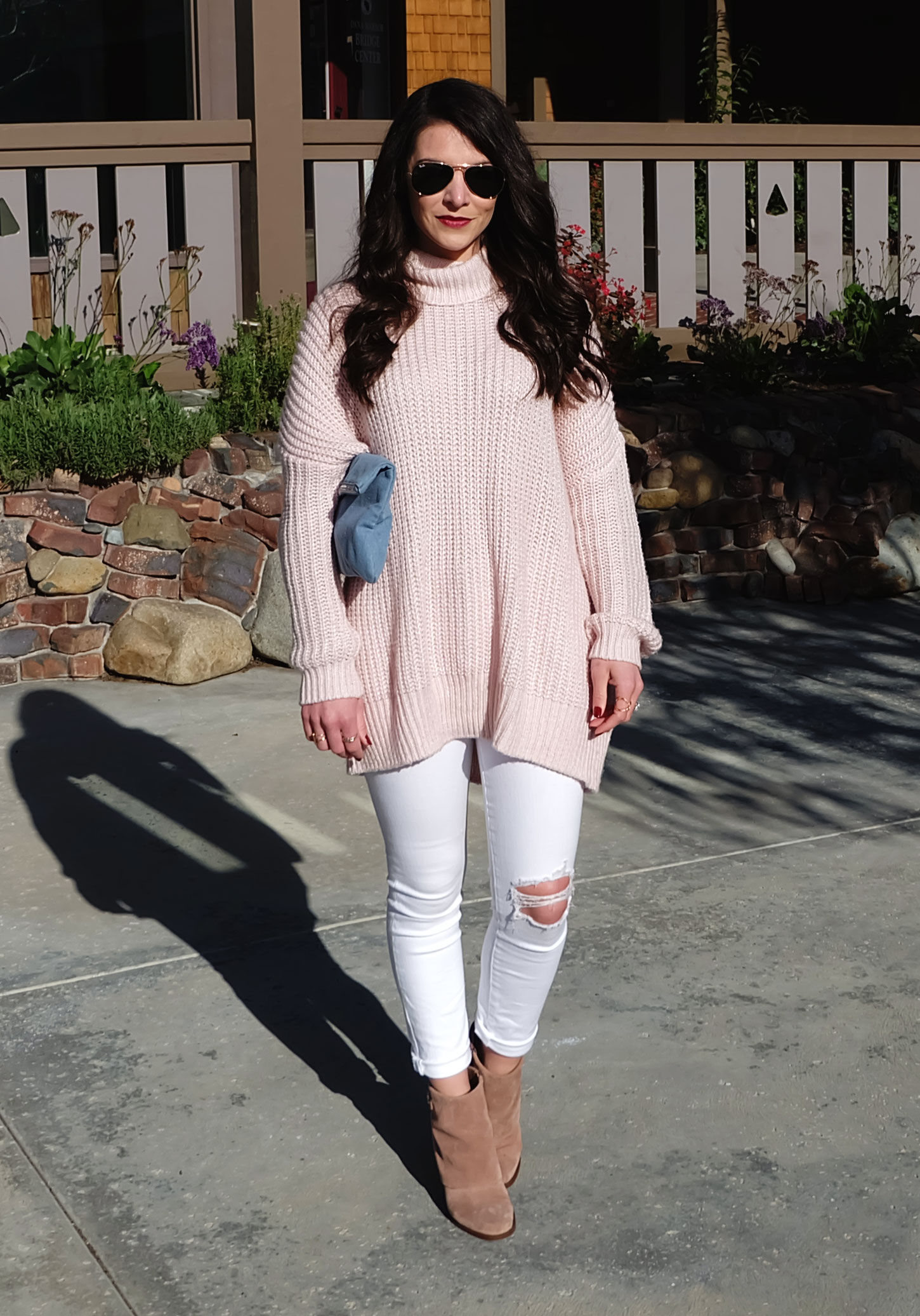 Winter Outfit, Leith Oversized Sweater in Rose Quartz, White Distressed Skinny Jeans, Jessica Simpson Cassley Booties, Pastel Outfit, Pantone Colors of The Year 2016
