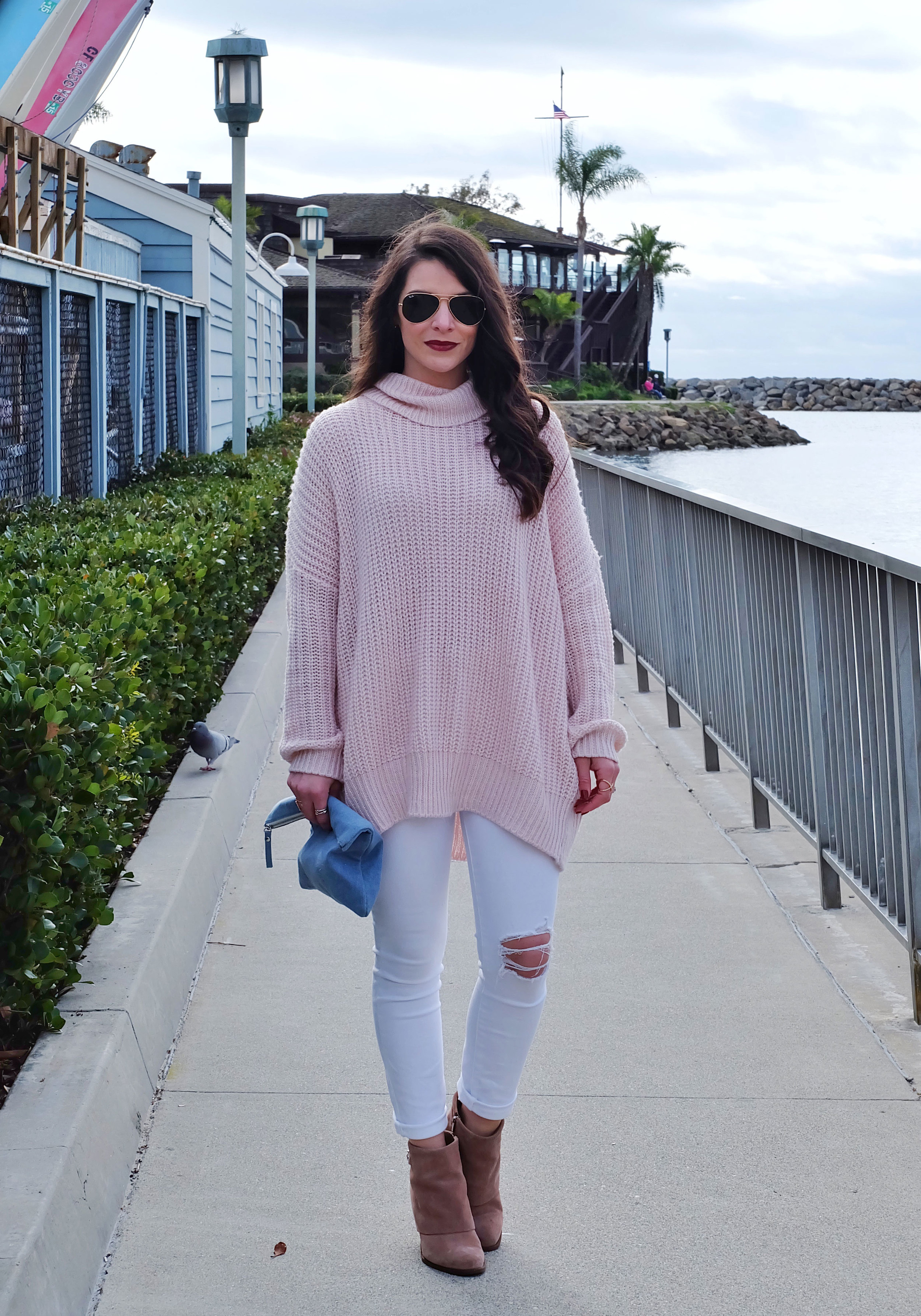 Winter Outfit, Leith Oversized Sweater in Rose Quartz, White Distressed Skinny Jeans, Jessica Simpson Cassley Booties, Pastel Outfit, Pantone Colors of The Year 2016