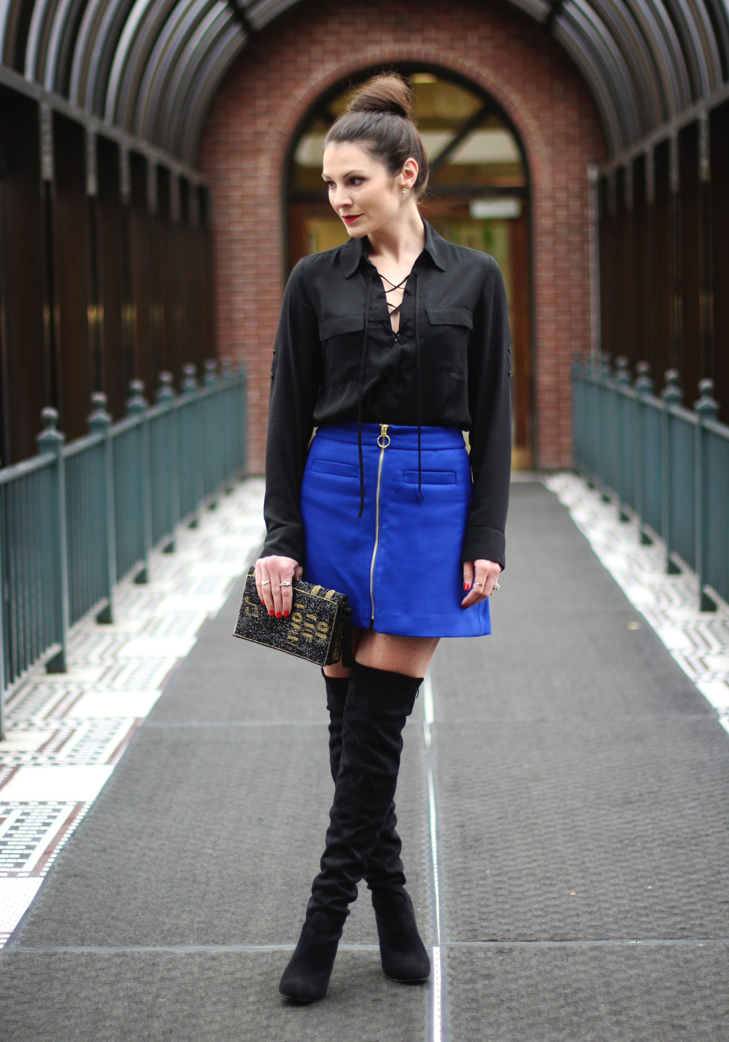 Winter Outfit, Blue High Waisted Zip-Front A-Line Skirt, Express Lace Up Long Sleeve Blouse, Steve Madden Gorgeous Boots, Vintage Beaded Clutch, Emerald Green Moto Jacket