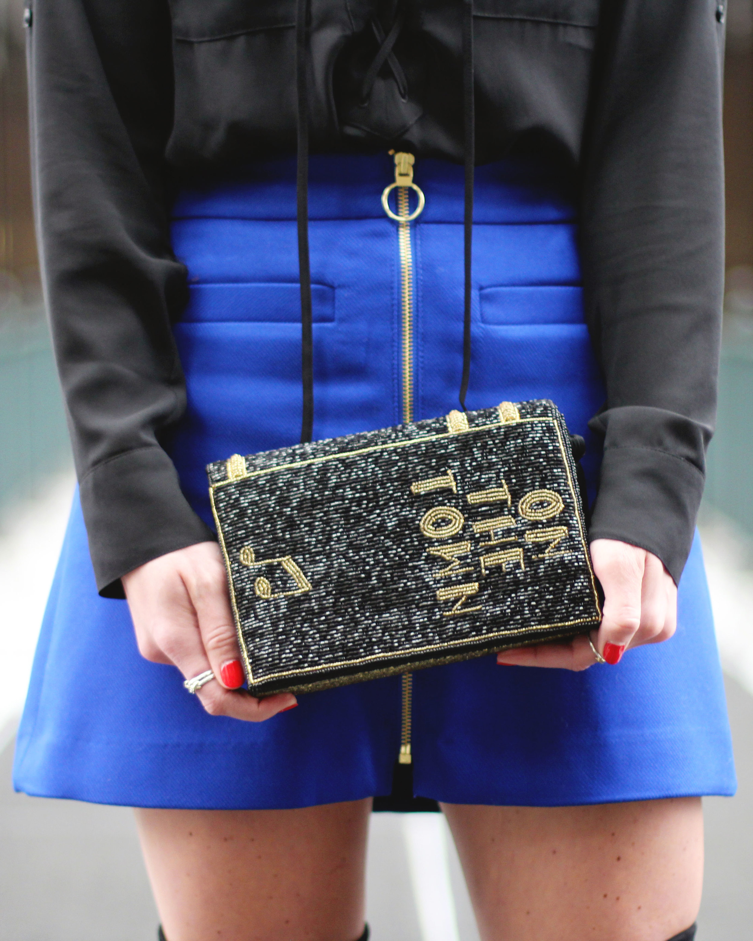 Winter Outfit, Blue High Waisted Zip-Front A-Line Skirt, Express Lace Up Long Sleeve Blouse, Steve Madden Gorgeous Boots, Vintage Beaded Clutch, Emerald Green Moto Jacket