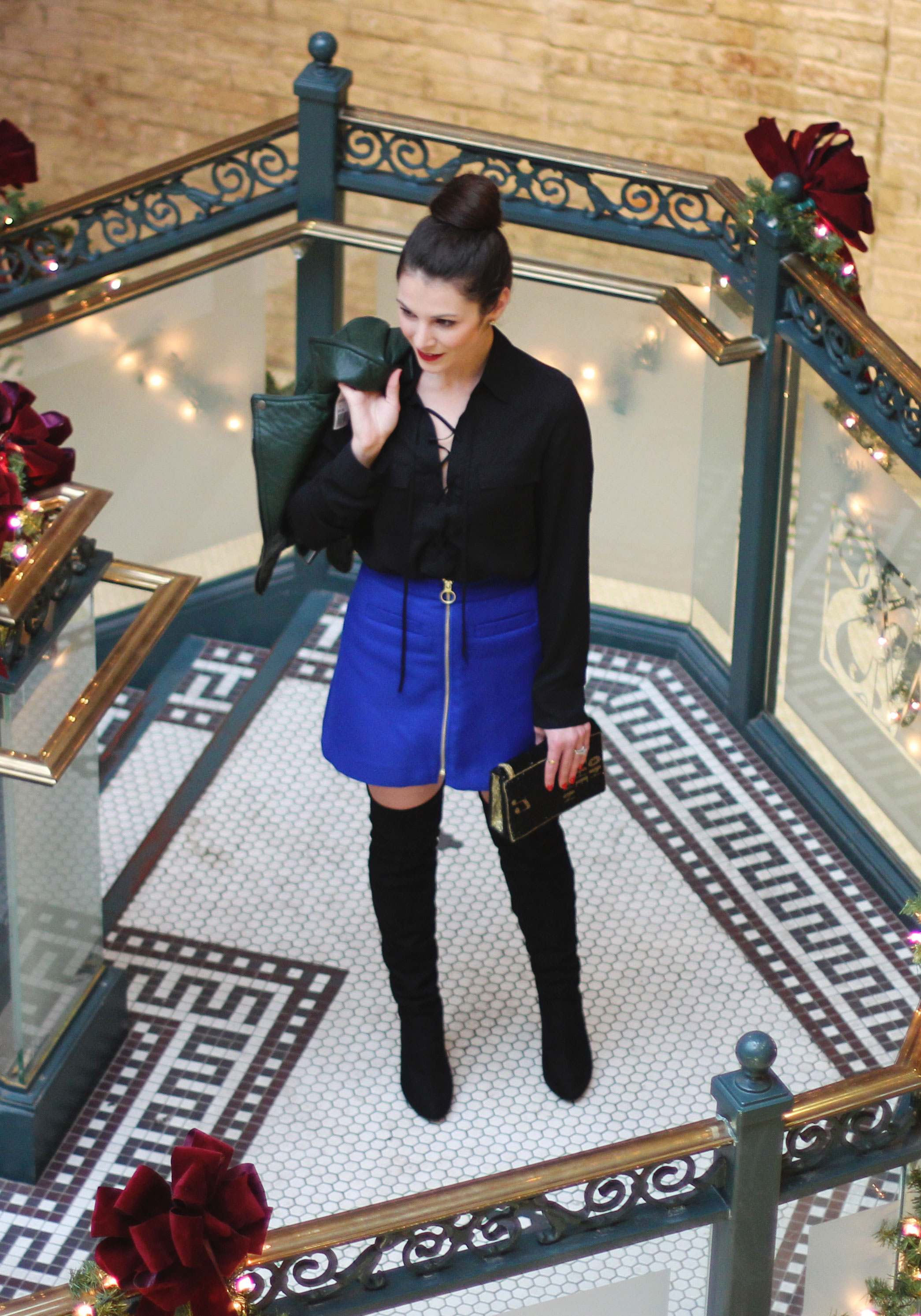 Winter Outfit, Blue High Waisted Zip-Front A-Line Skirt, Express Lace Up Long Sleeve Blouse, Steve Madden Gorgeous Boots, Vintage Beaded Clutch, Emerald Green Moto Jacket