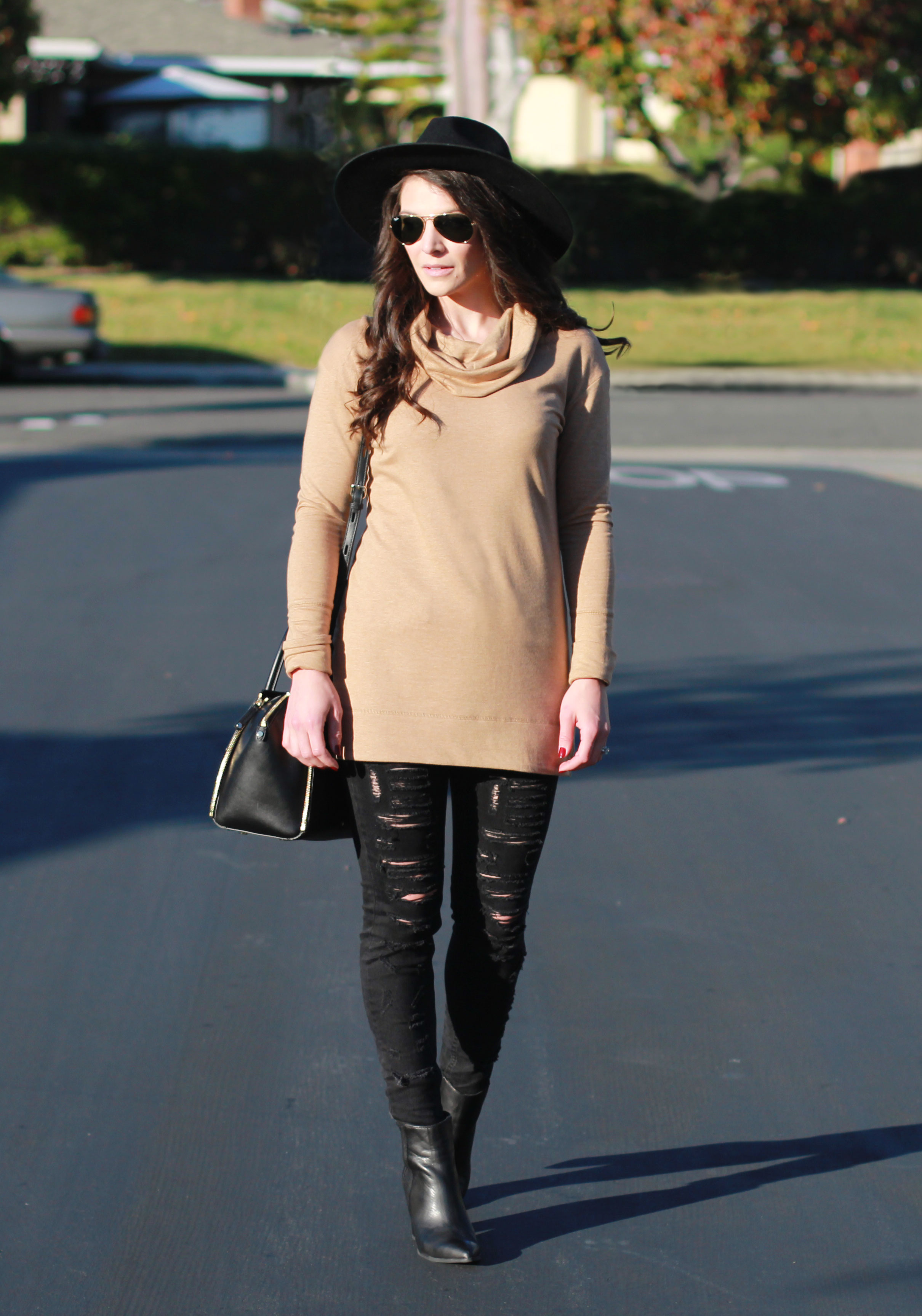 Winter Outfit, Fashion Blogger, Cowl Neck Tunic Sweater, Black Ripped Skinny Jeans, Seychelles Accordian Booties, Rebecca Minkoff Mini Perry Satchell, Brixton Mayfield II Hat, Black & Tan Outfit