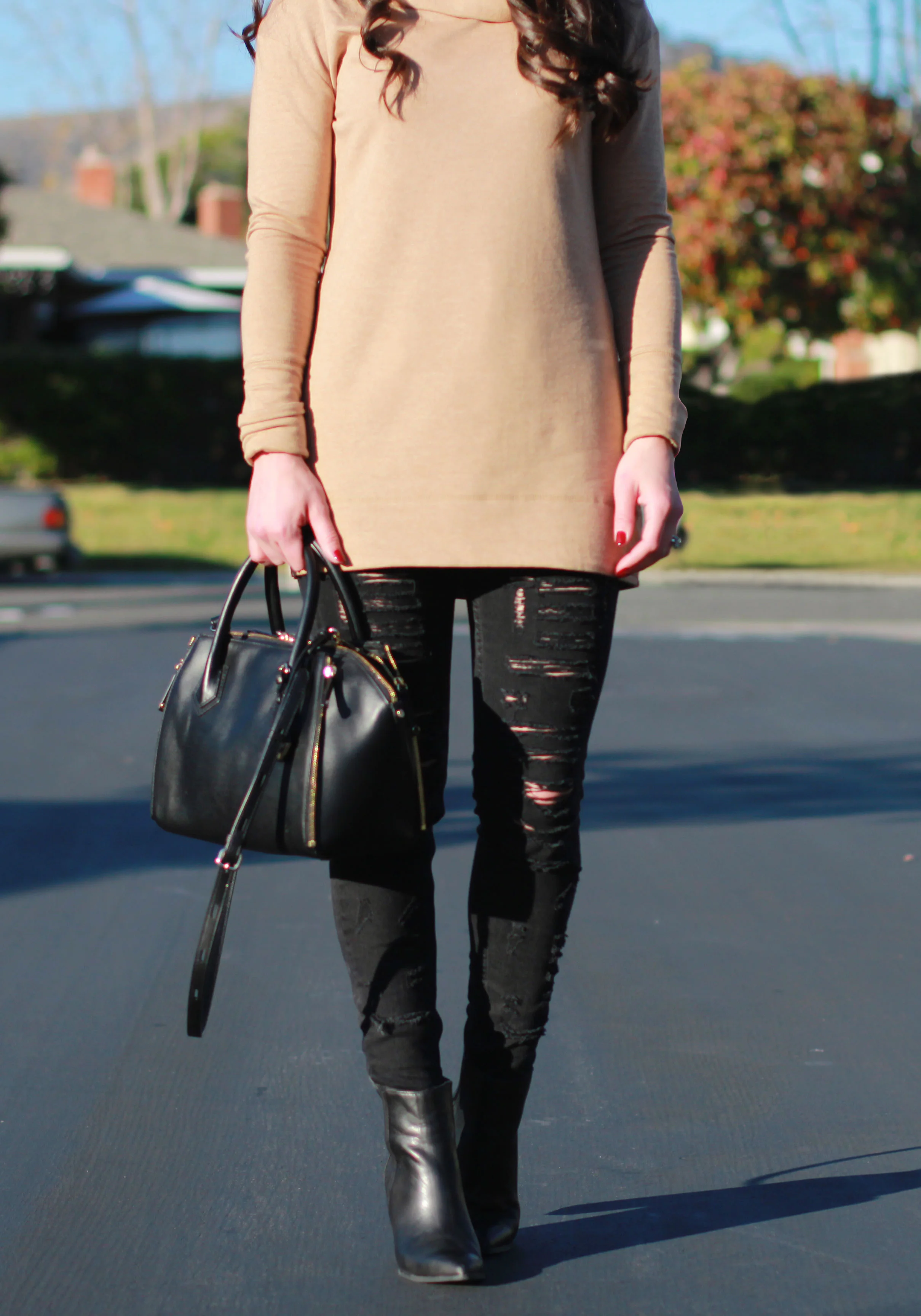 Winter Outfit, Fashion Blogger, Cowl Neck Tunic Sweater, Black Ripped Skinny Jeans, Seychelles Accordian Booties, Rebecca Minkoff Mini Perry Satchell, Brixton Mayfield II Hat, Black & Tan Outfit