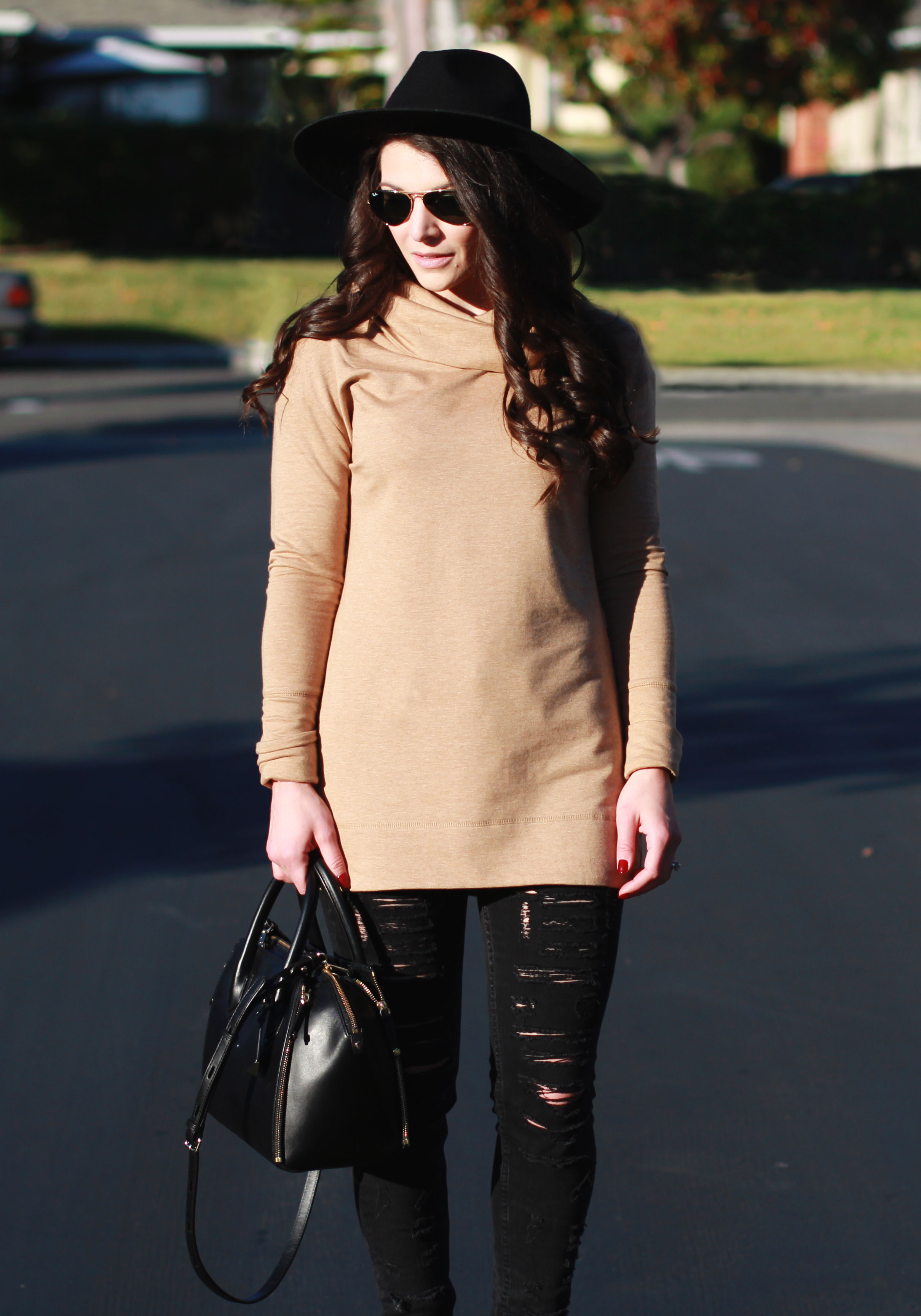 Winter Outfit, Fashion Blogger, Cowl Neck Tunic Sweater, Black Ripped Skinny Jeans, Seychelles Accordian Booties, Rebecca Minkoff Mini Perry Satchell, Brixton Mayfield II Hat, Black & Tan Outfit