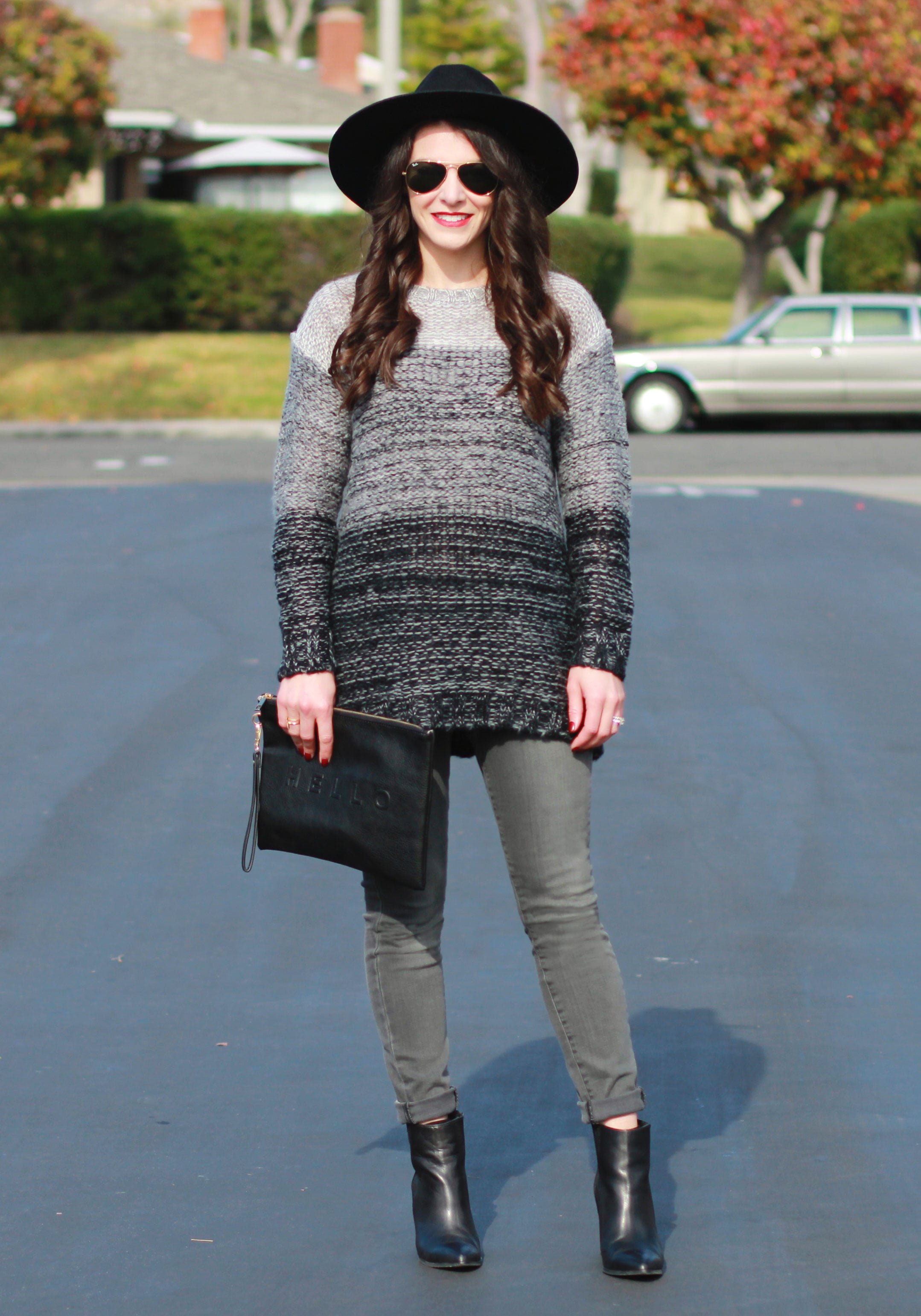 Winter Outfit, Groutfit, Gray Outfit, Xhilaration Ombre Sweater, Paige Jeans, Seychelles Acordian Booties, Brixton Mayfield II Hat, Sole Society Hello Clutch