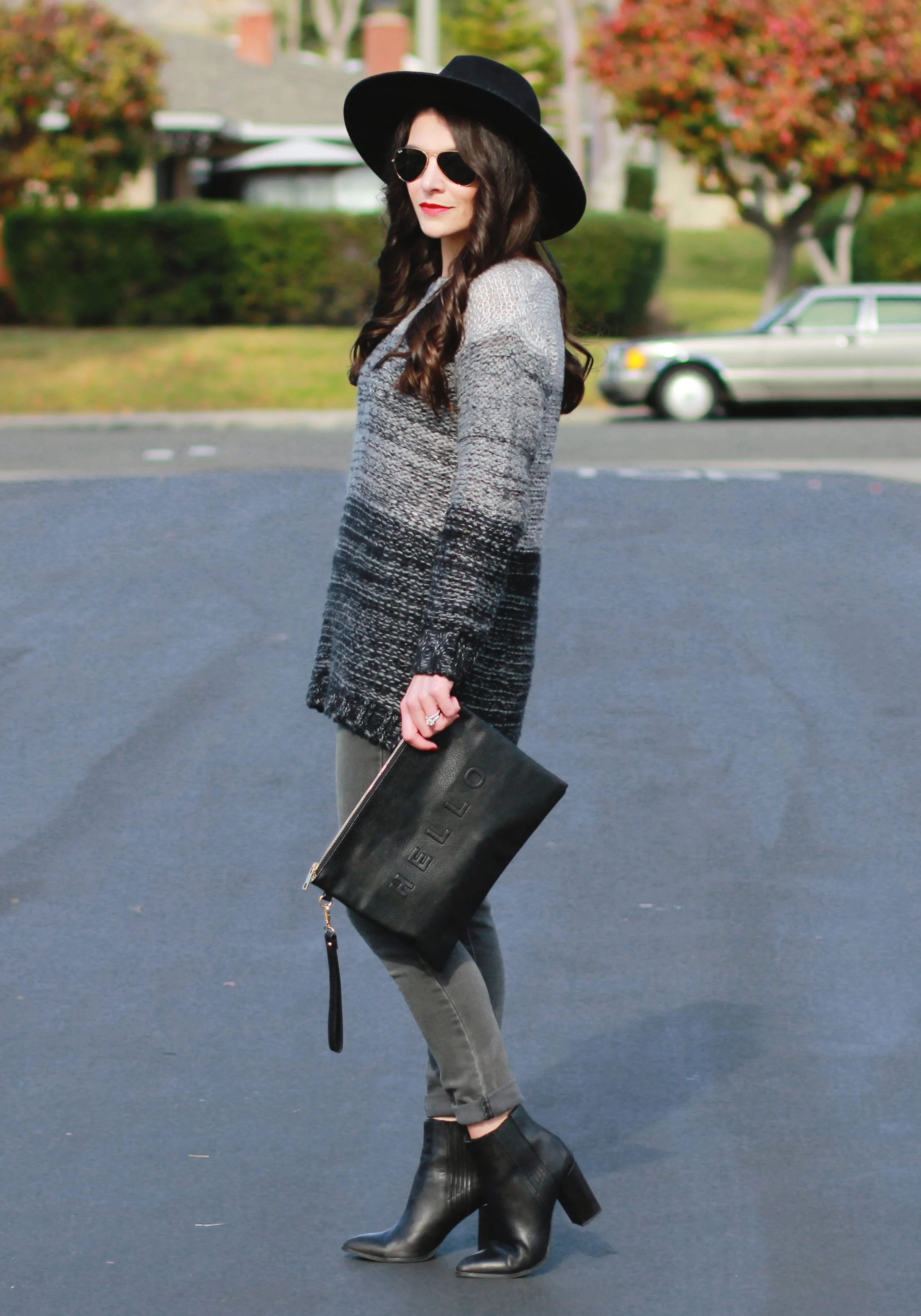 Winter Outfit, Groutfit, Gray Outfit, Xhilaration Ombre Sweater, Paige Jeans, Seychelles Acordian Booties, Brixton Mayfield II Hat, Sole Society Hello Clutch