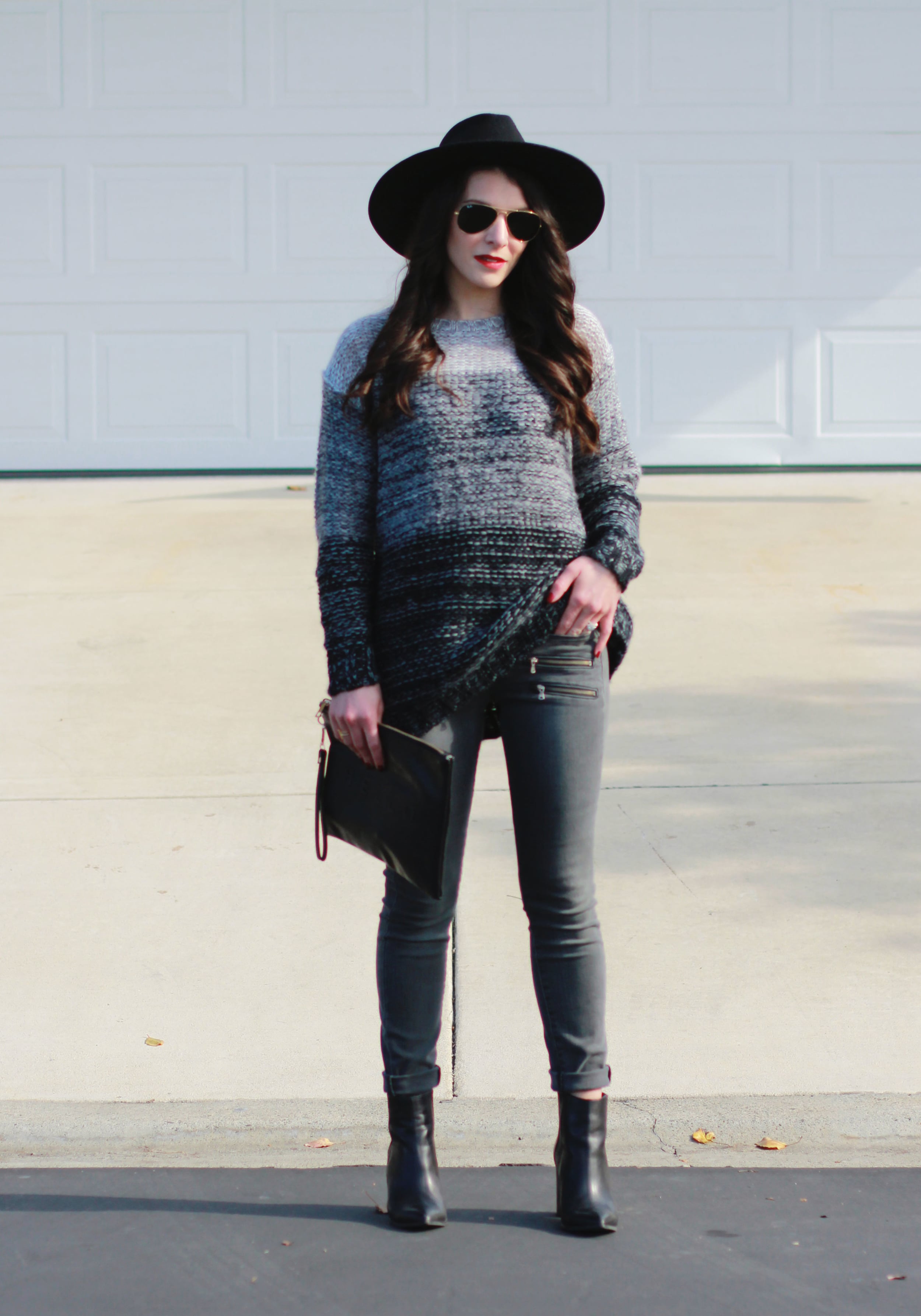 Winter Outfit, Groutfit, Gray Outfit, Xhilaration Ombre Sweater, Paige Jeans, Seychelles Acordian Booties, Brixton Mayfield II Hat, Sole Society Hello Clutch