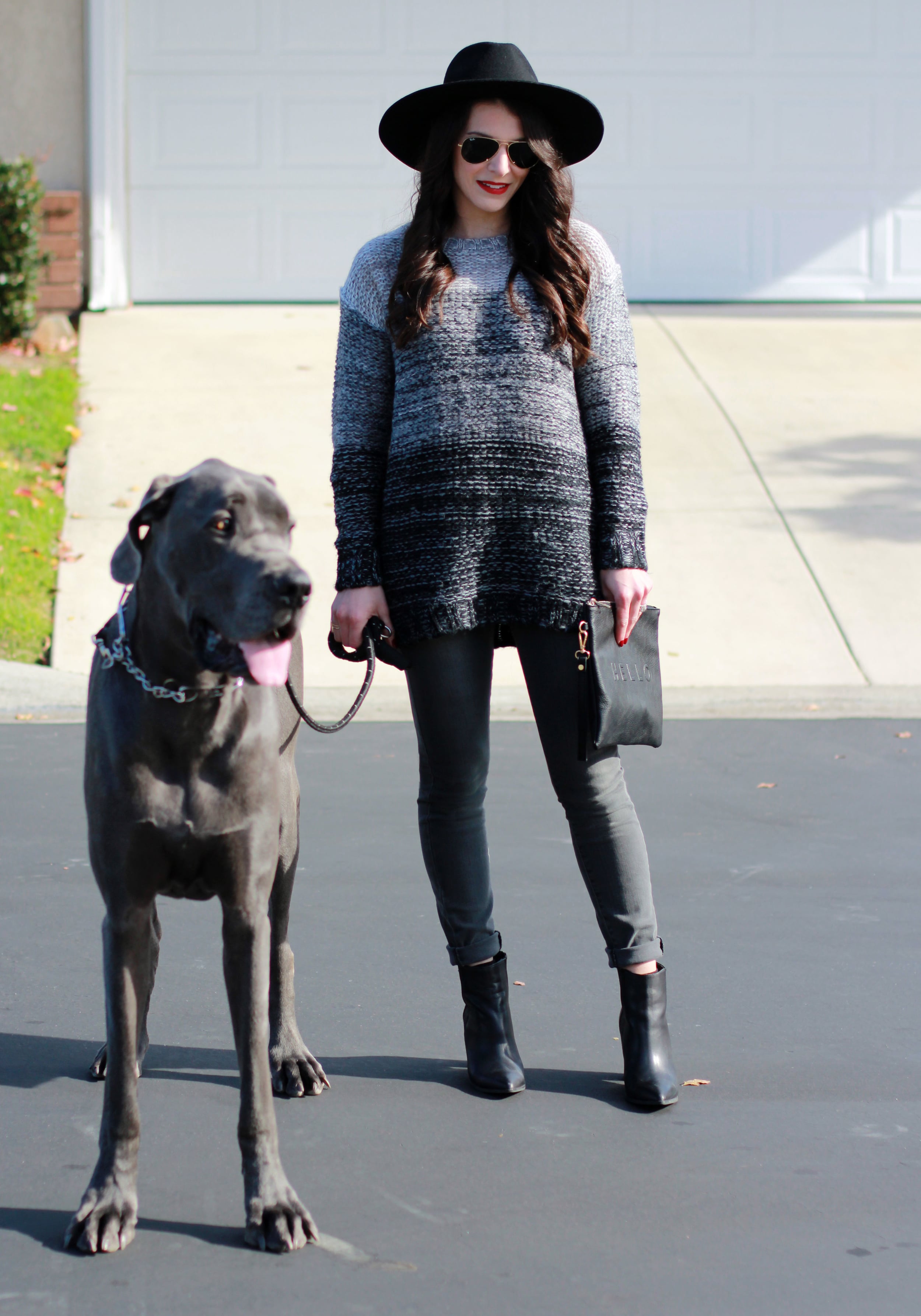 Winter Outfit, Groutfit, Gray Outfit, Xhilaration Ombre Sweater, Paige Jeans, Seychelles Acordian Booties, Brixton Mayfield II Hat, Sole Society Hello Clutch, Blue Great Dane