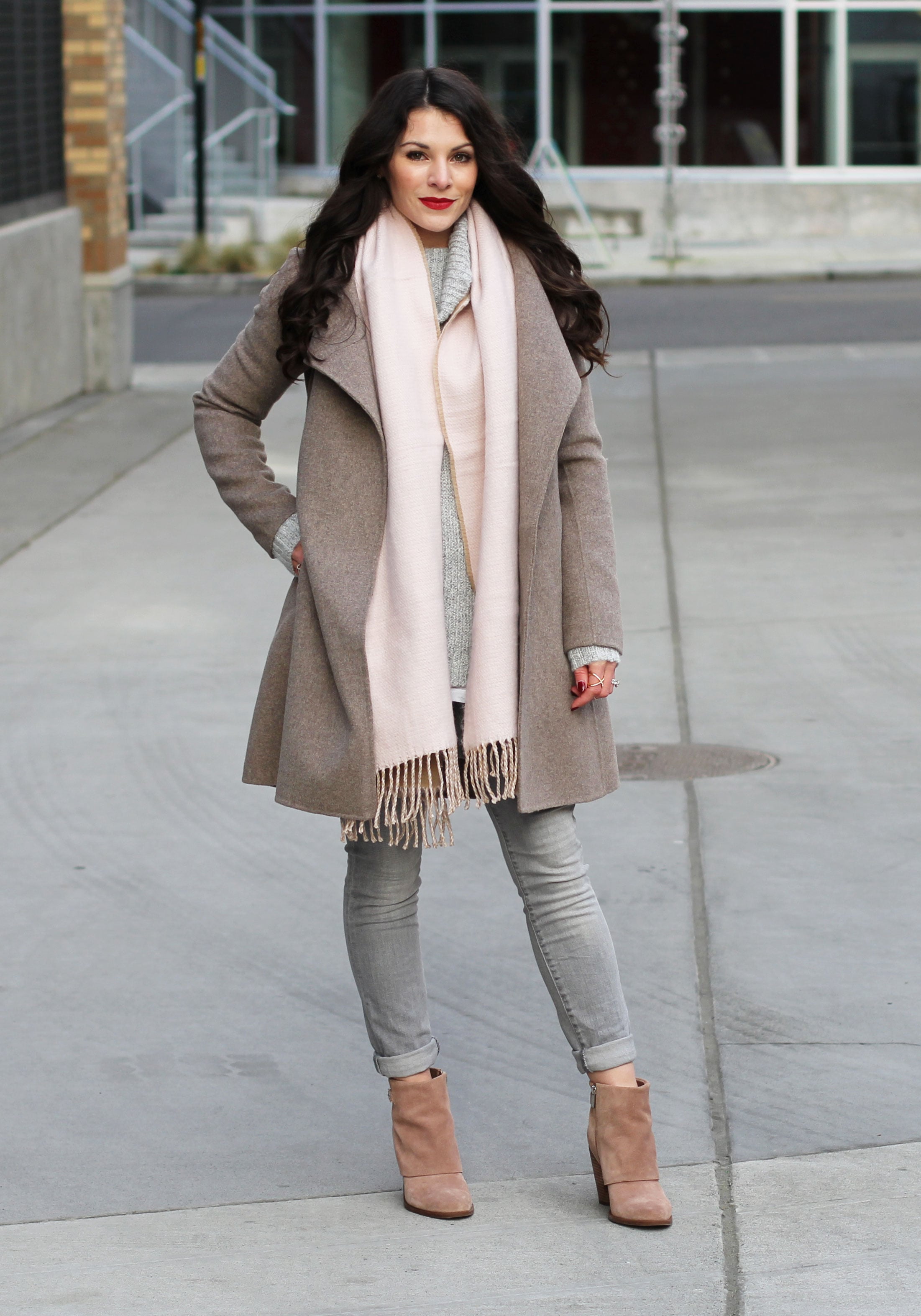 Gray Outfit, Groutfit, Winter Outfit, Forever 21 Ribbed Turtleneck Sweater, Gap Skinny Jeans, Jessica Simpson Nude Suede Booties, Blush Pink Scarf, Banana Republic Belted Wrap Coat