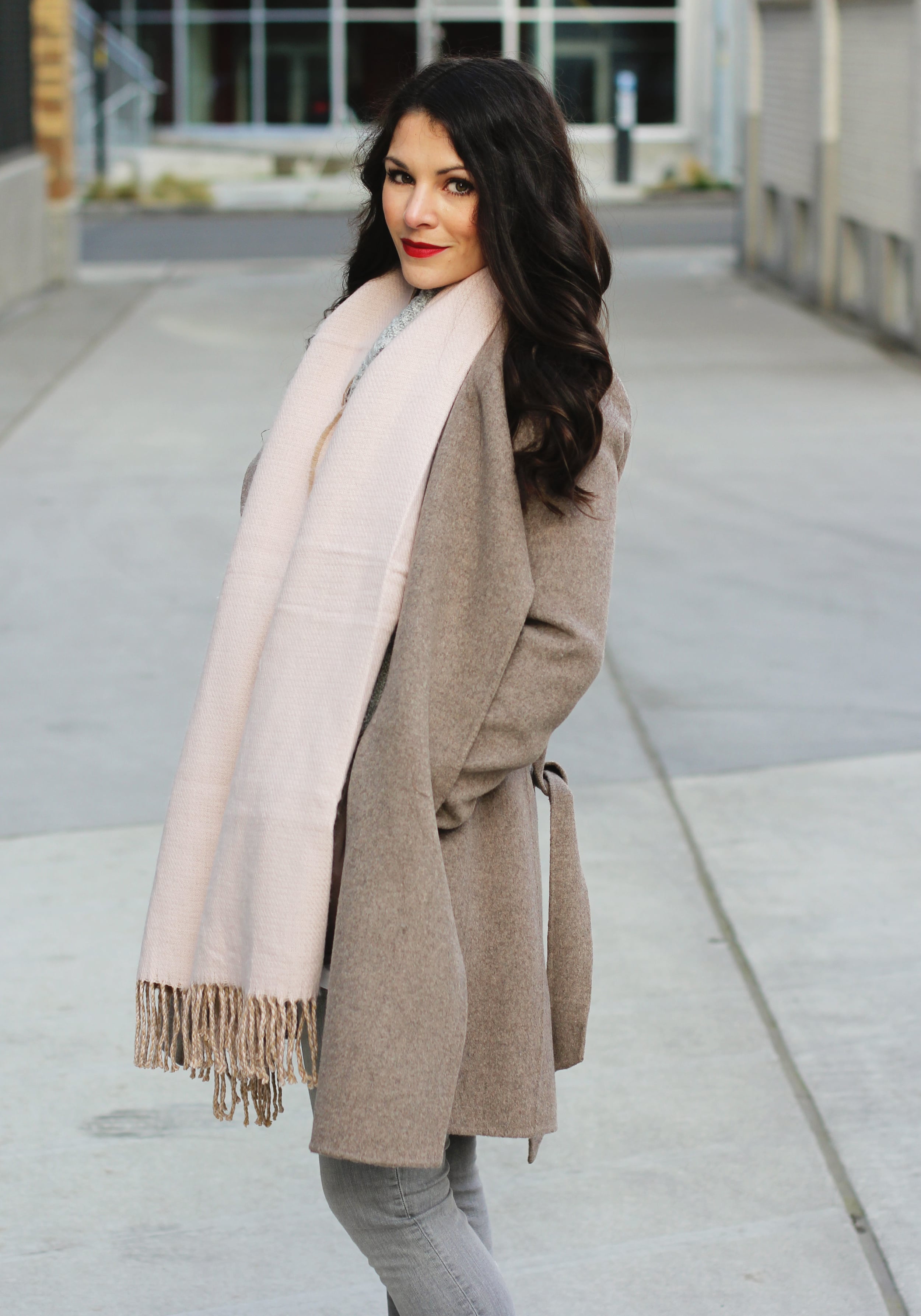 Gray Outfit, Groutfit, Winter Outfit, Forever 21 Ribbed Turtleneck Sweater, Gap Skinny Jeans, Jessica Simpson Nude Suede Booties, Blush Pink Scarf, Banana Republic Belted Wrap Coat