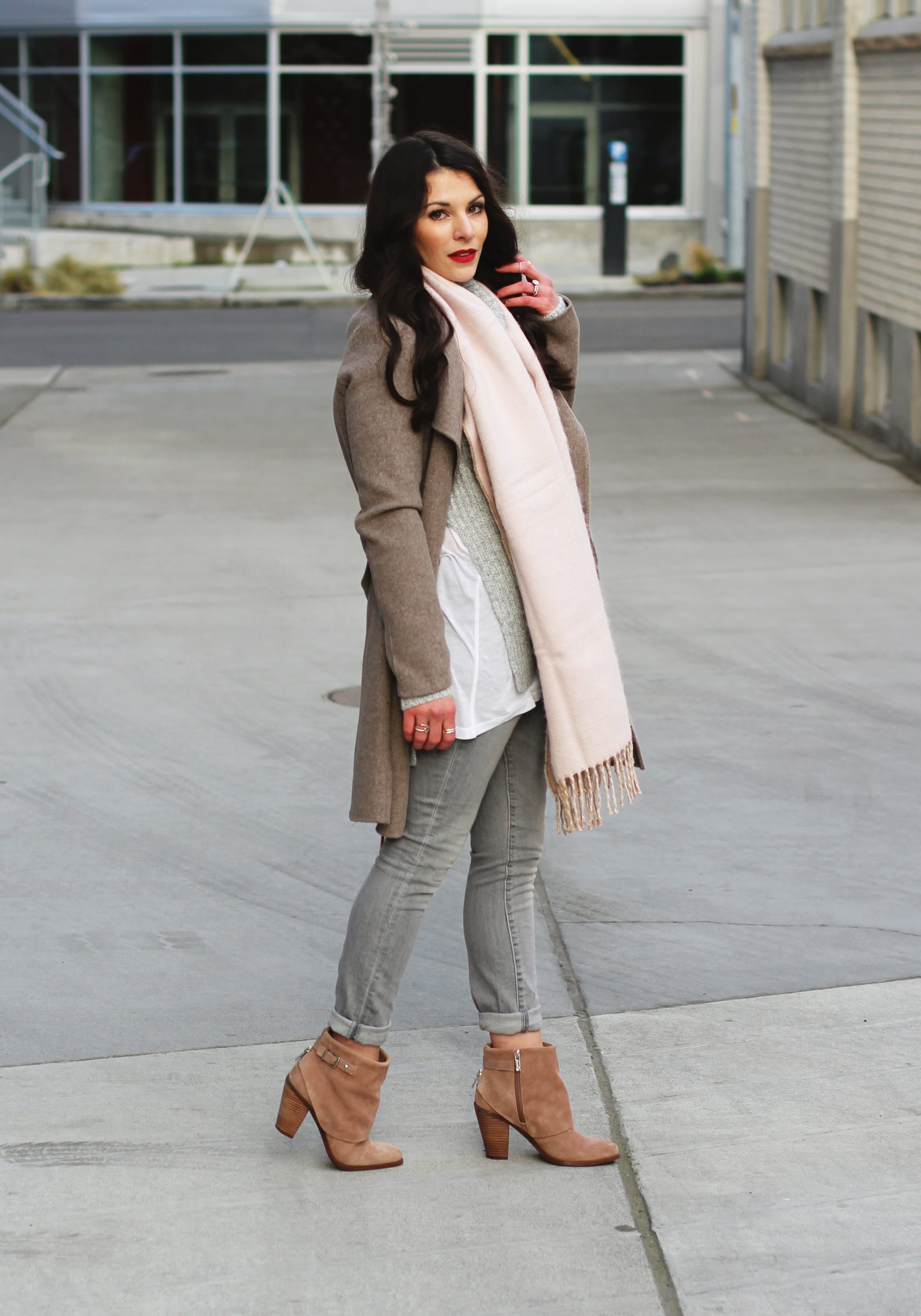 Gray Outfit, Groutfit, Winter Outfit, Forever 21 Ribbed Turtleneck Sweater, Gap Skinny Jeans, Jessica Simpson Nude Suede Booties, Blush Pink Scarf, Banana Republic Belted Wrap Coat