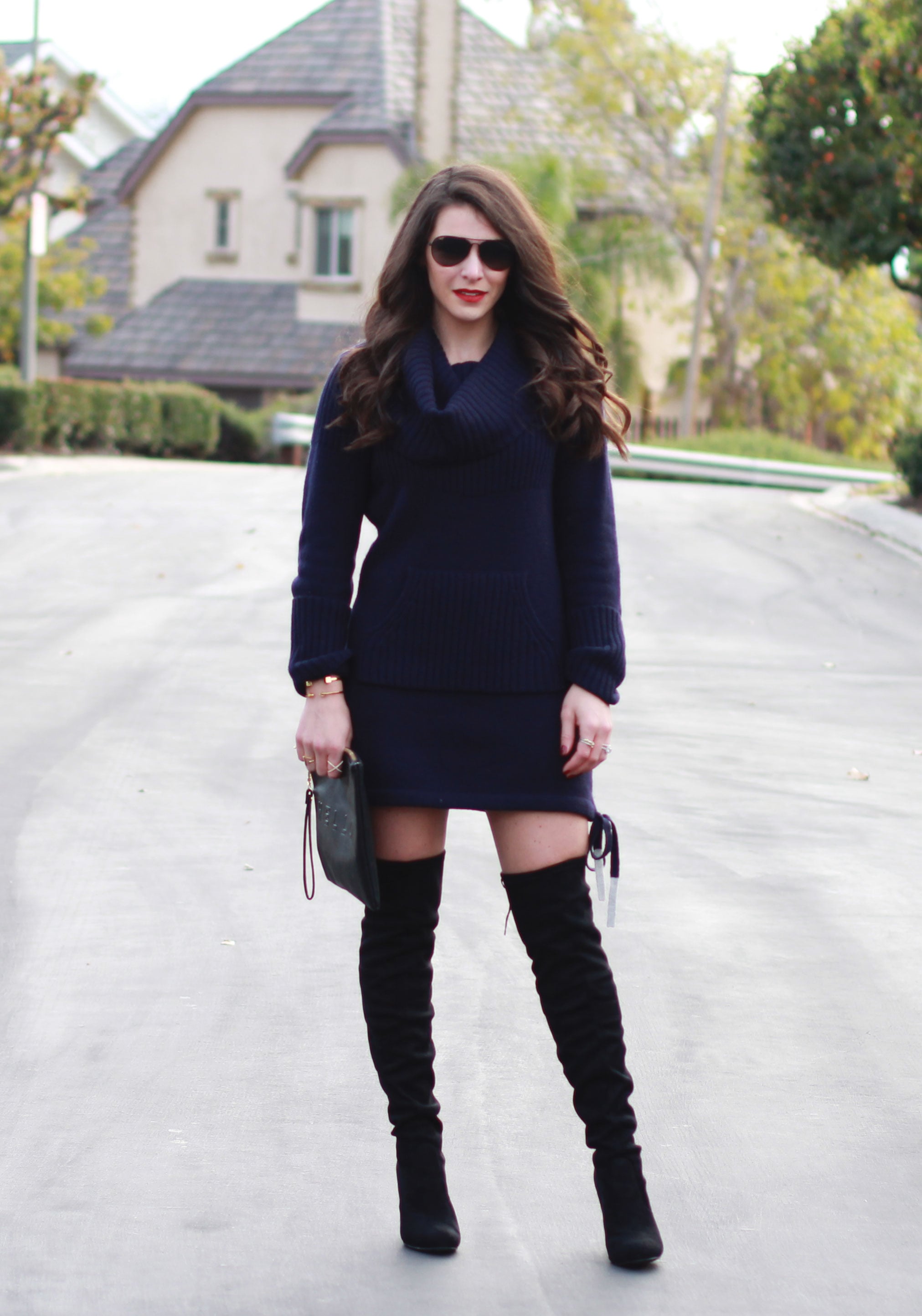 Winter Outfit, Fashion Blogger, Navy Sweater Dress, Steve Madden Gorgeous Over The Knee Boots, Cowl Neck, Sole Society 'Justine' Hello Goodbye Oversize Clutch