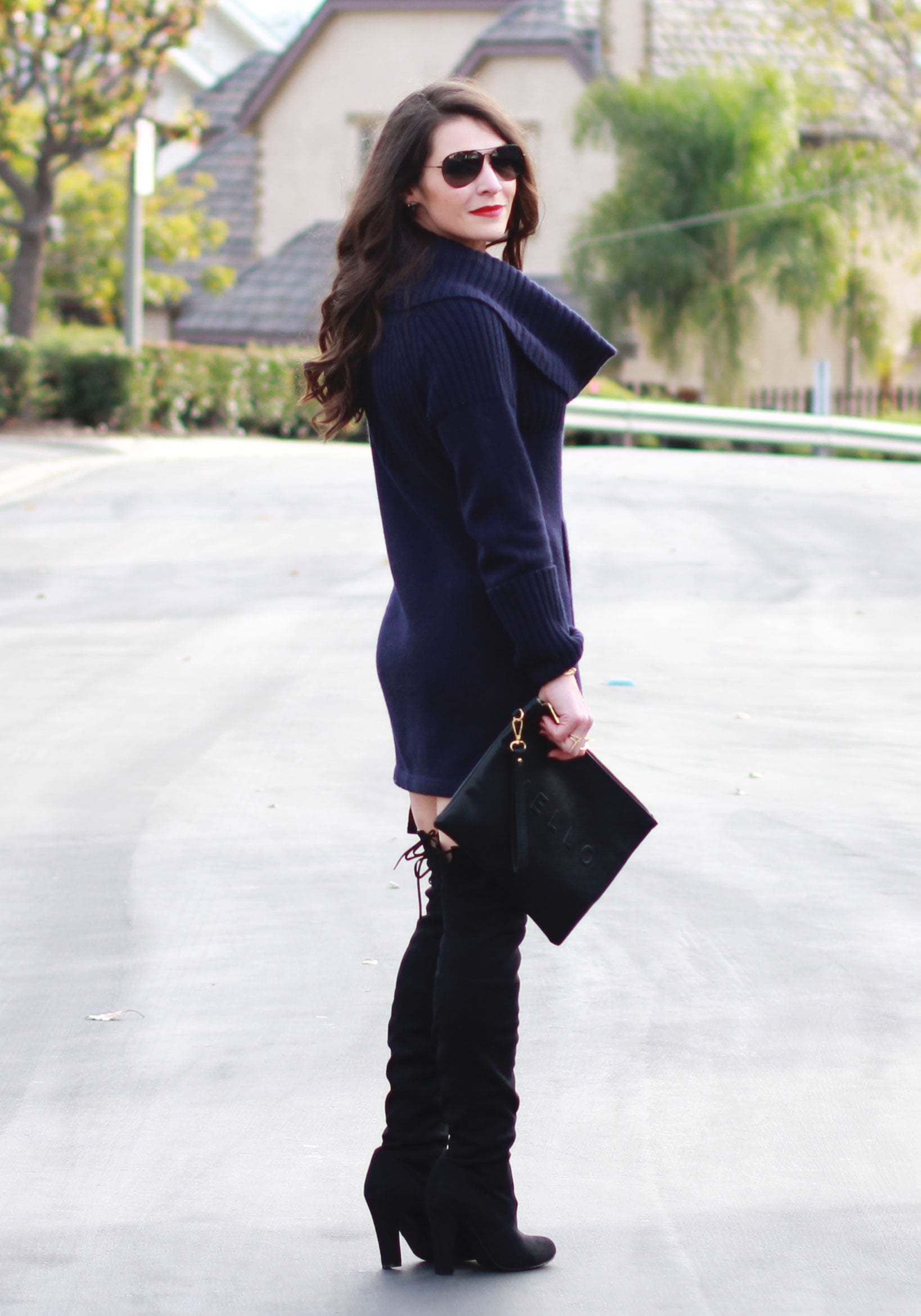 Winter Outfit, Fashion Blogger, Navy Sweater Dress, Steve Madden Gorgeous Over The Knee Boots, Cowl Neck, Sole Society 'Justine' Hello Goodbye Oversize Clutch