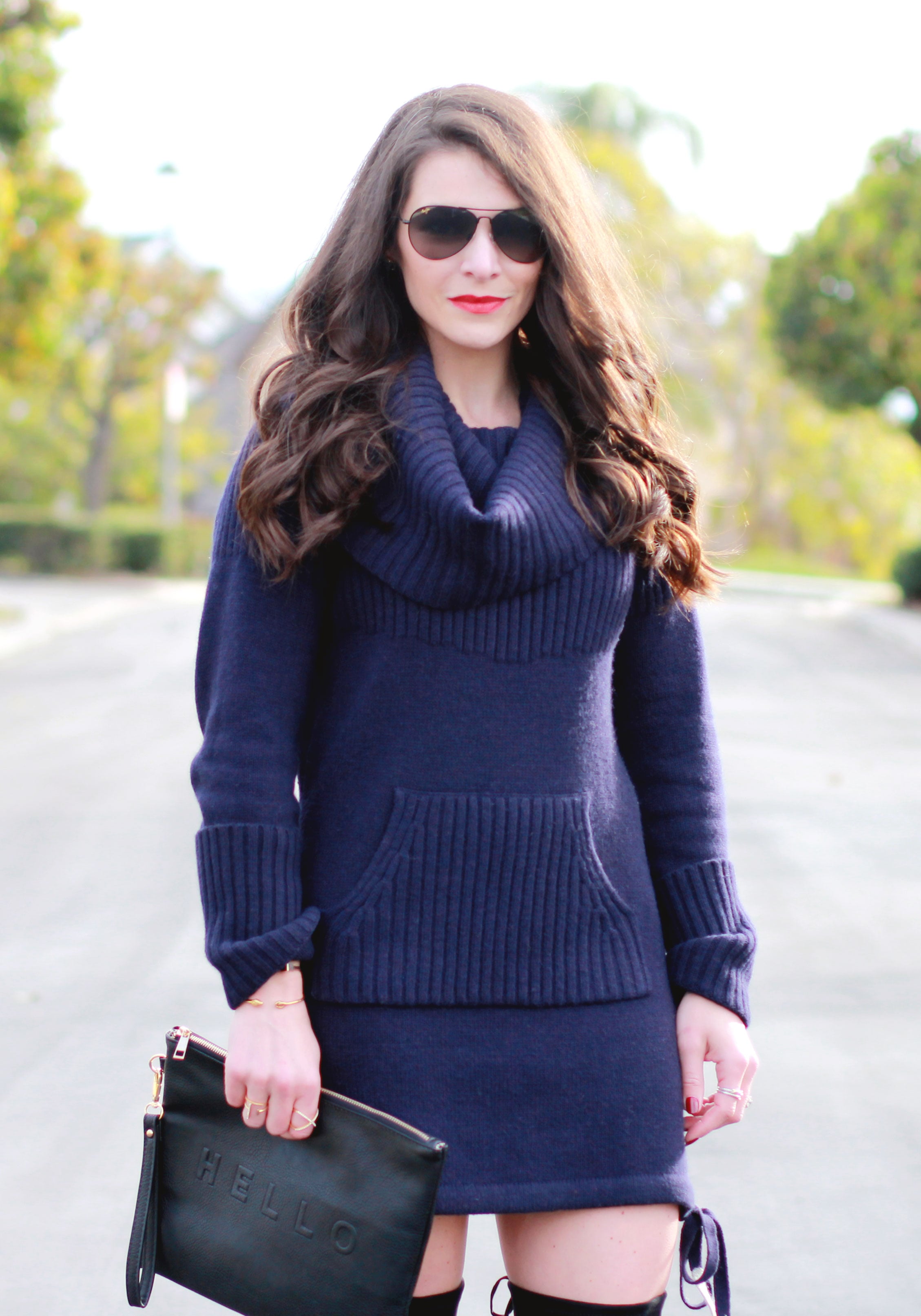 Winter Outfit, Fashion Blogger, Navy Sweater Dress, Steve Madden Gorgeous Over The Knee Boots, Cowl Neck, Sole Society 'Justine' Hello Goodbye Oversize Clutch