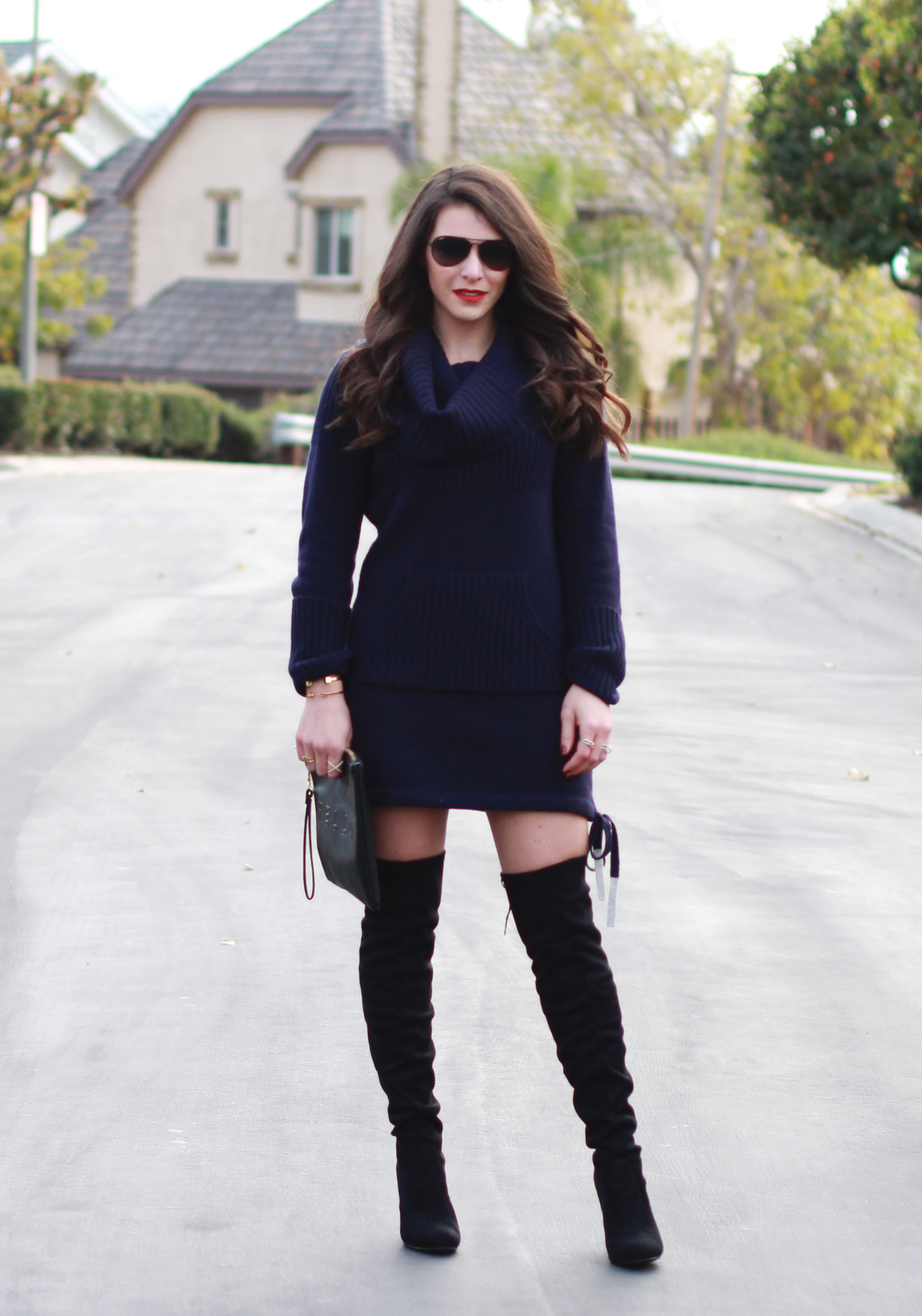 over the knee boots and sweater dress