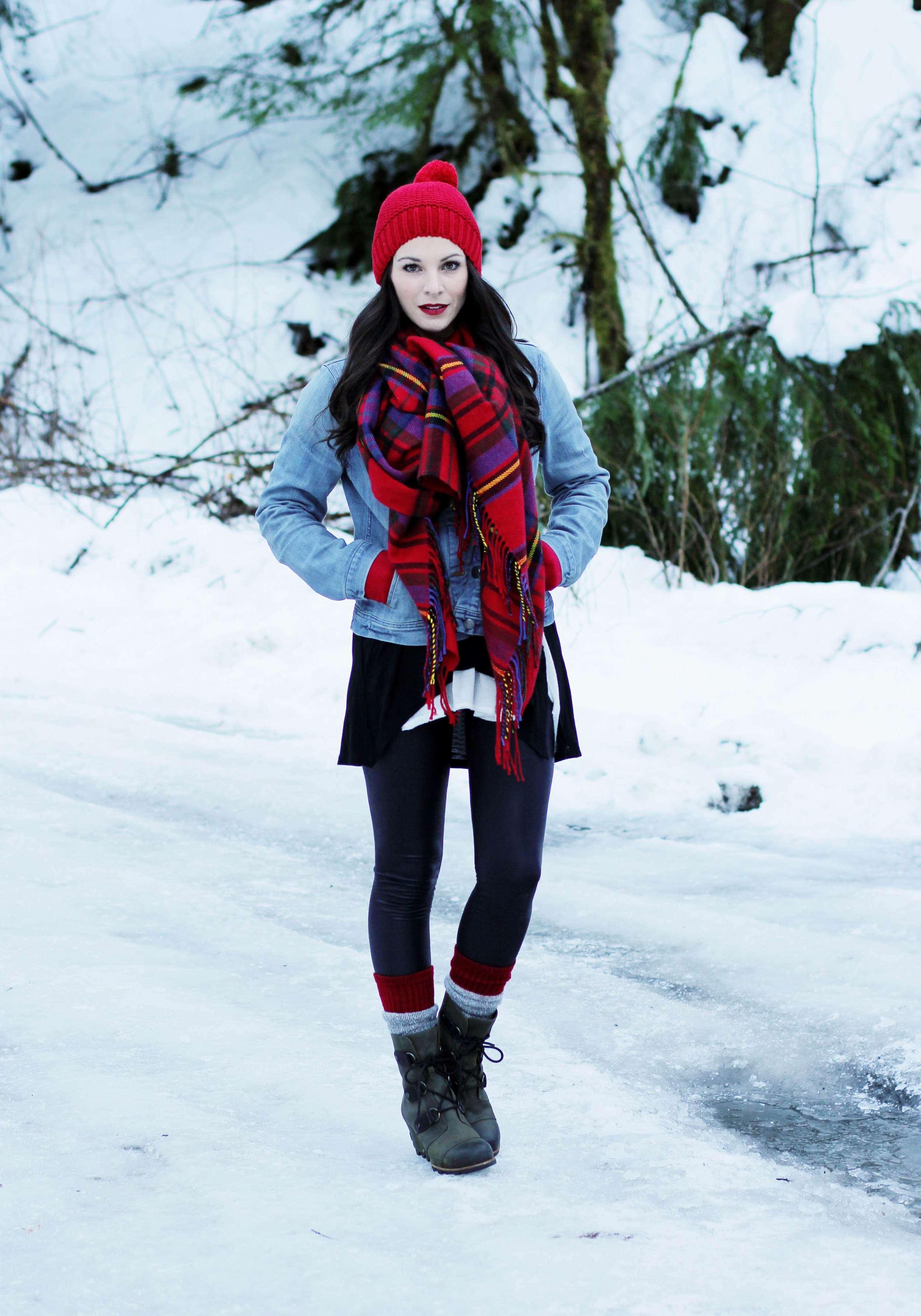 Winter Outfit, Snow Day Outfit, J.Crew Denim Jacket, Plaid Blanket Scarf, Red Gap Beanie with Pom Pom, Sorel Joan Of Arctic Wedge Boots, Long Layering Tees