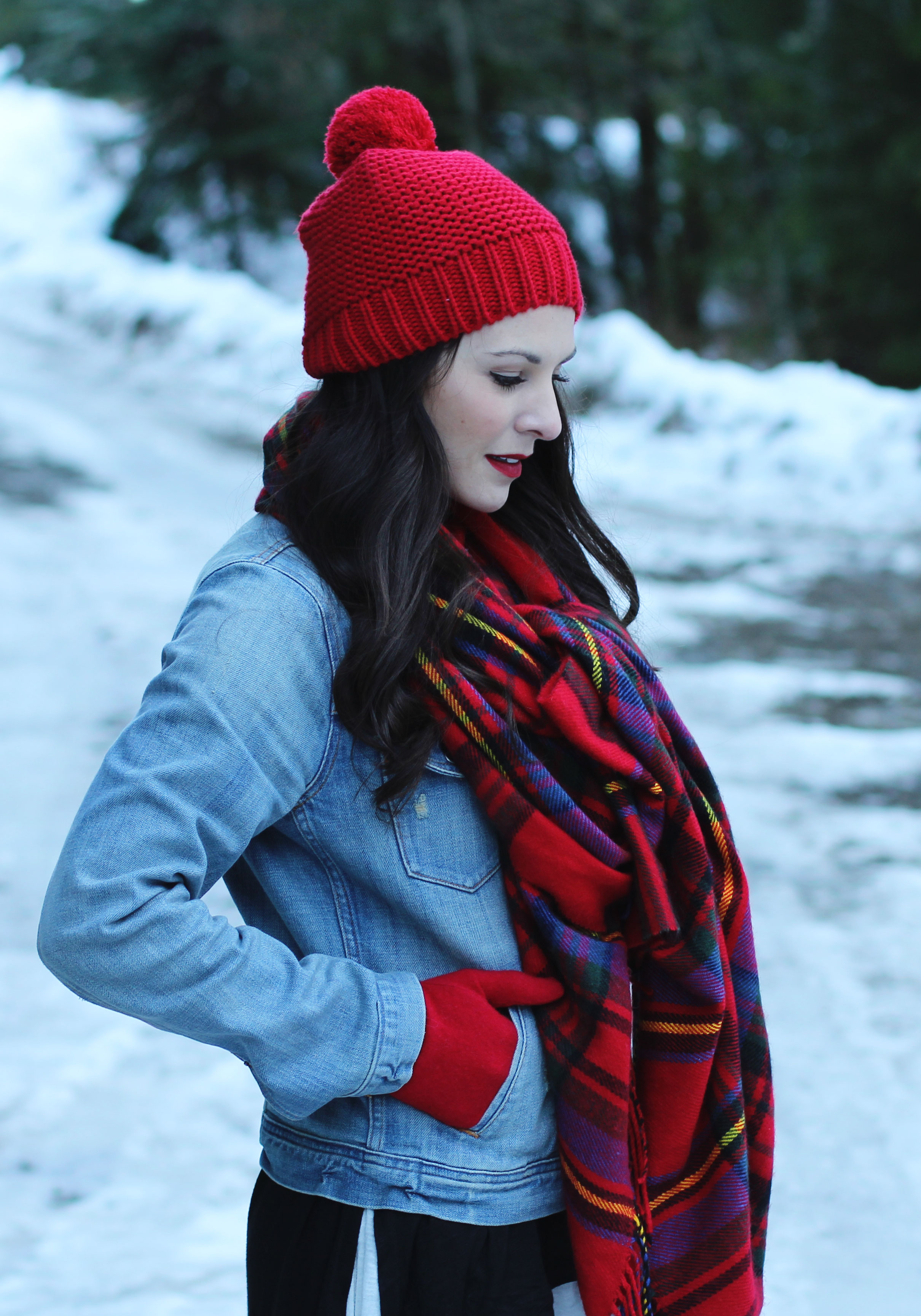 Winter Outfit, Snow Day Outfit, J.Crew Denim Jacket, Plaid Blanket Scarf, Red Gap Beanie with Pom Pom, Sorel Joan Of Arctic Wedge Boots, Long Layering Tees