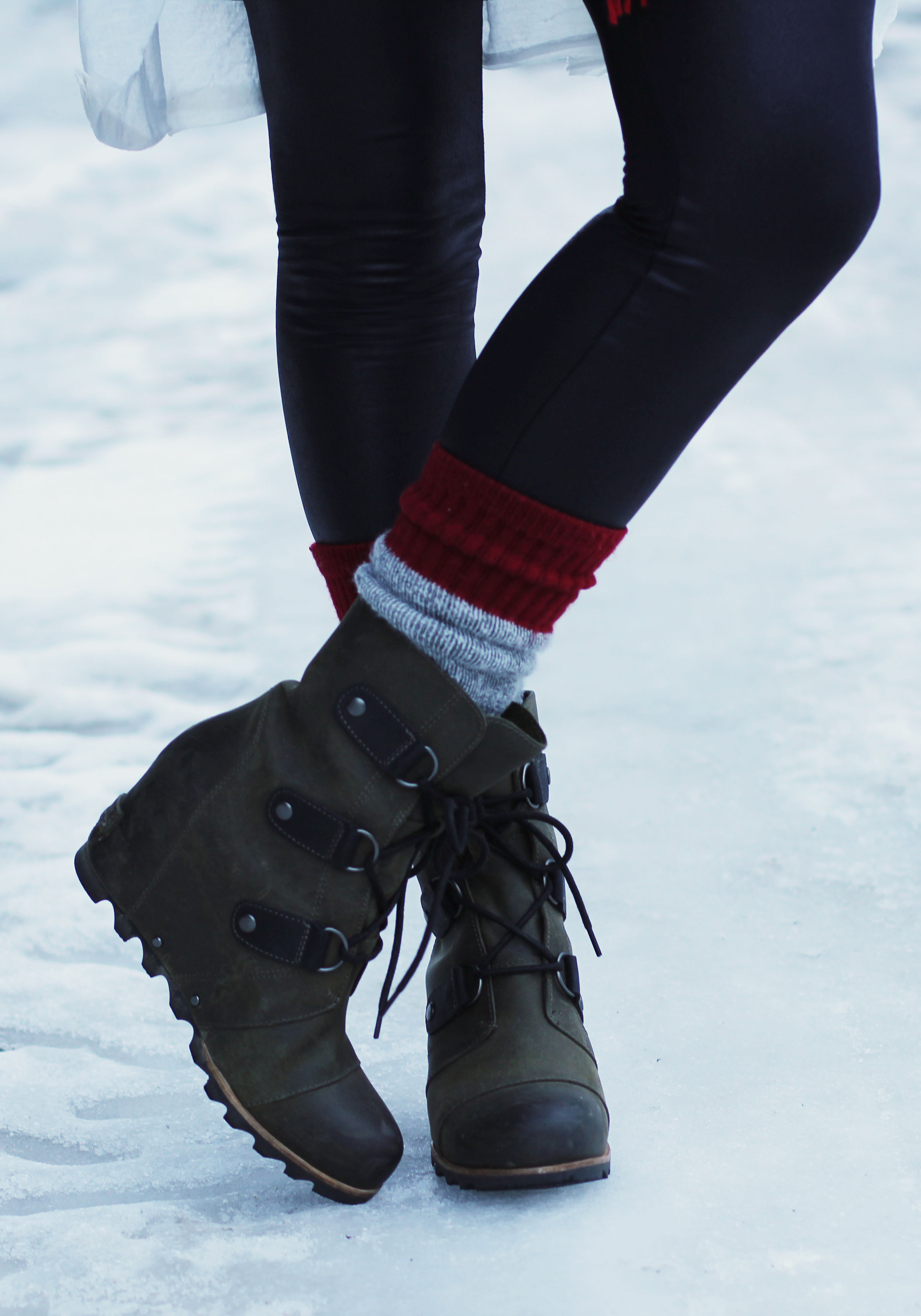 Winter Outfit, Snow Day Outfit, J.Crew Denim Jacket, Plaid Blanket Scarf, Red Gap Beanie with Pom Pom, Sorel Joan Of Arctic Wedge Boots, Long Layering Tees