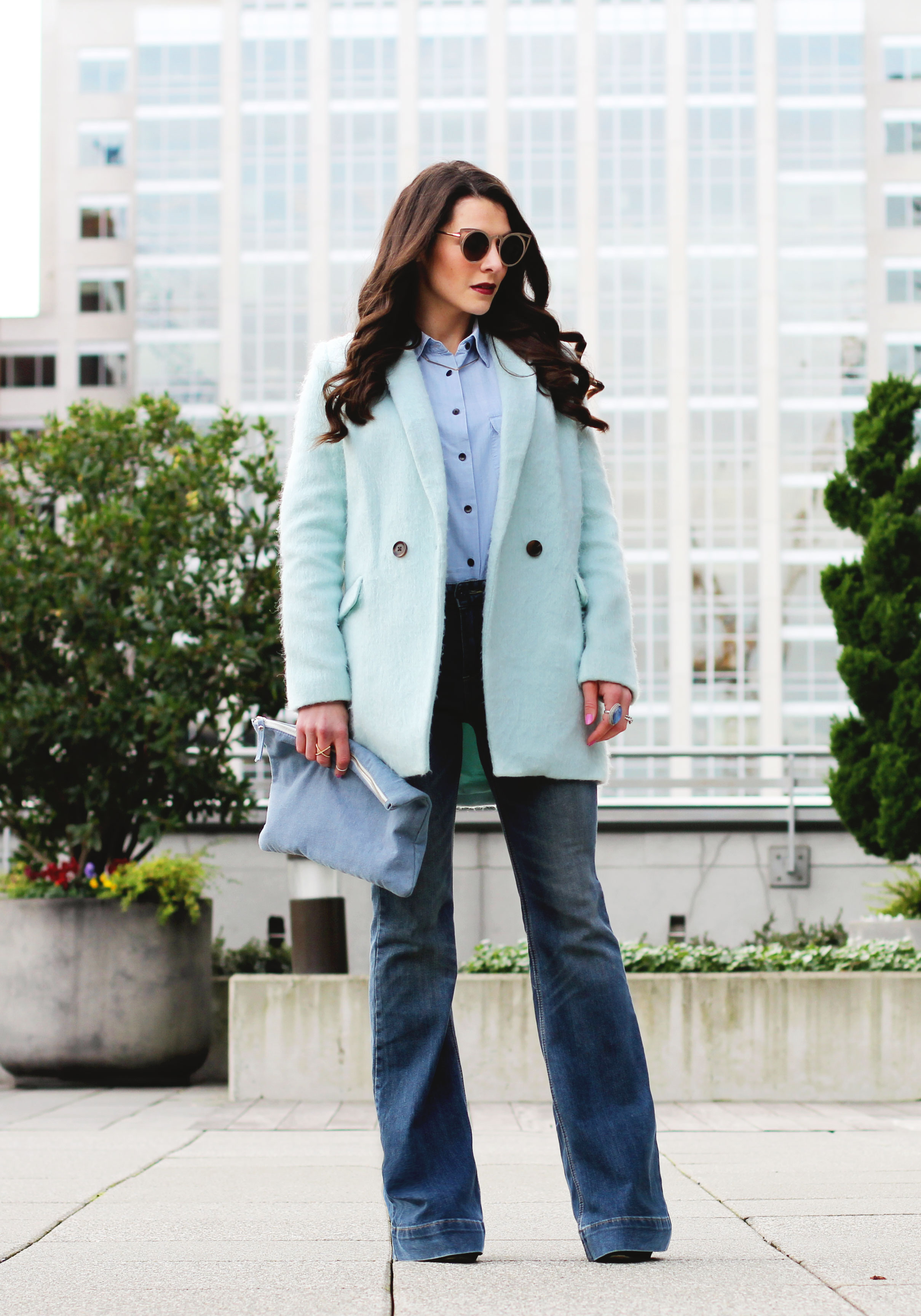 Winter Outfit, All Denim Canadian Tuxedo, Flare Jeans, $10 Gold Cat Eye Sunglasses, Mint Green Coat