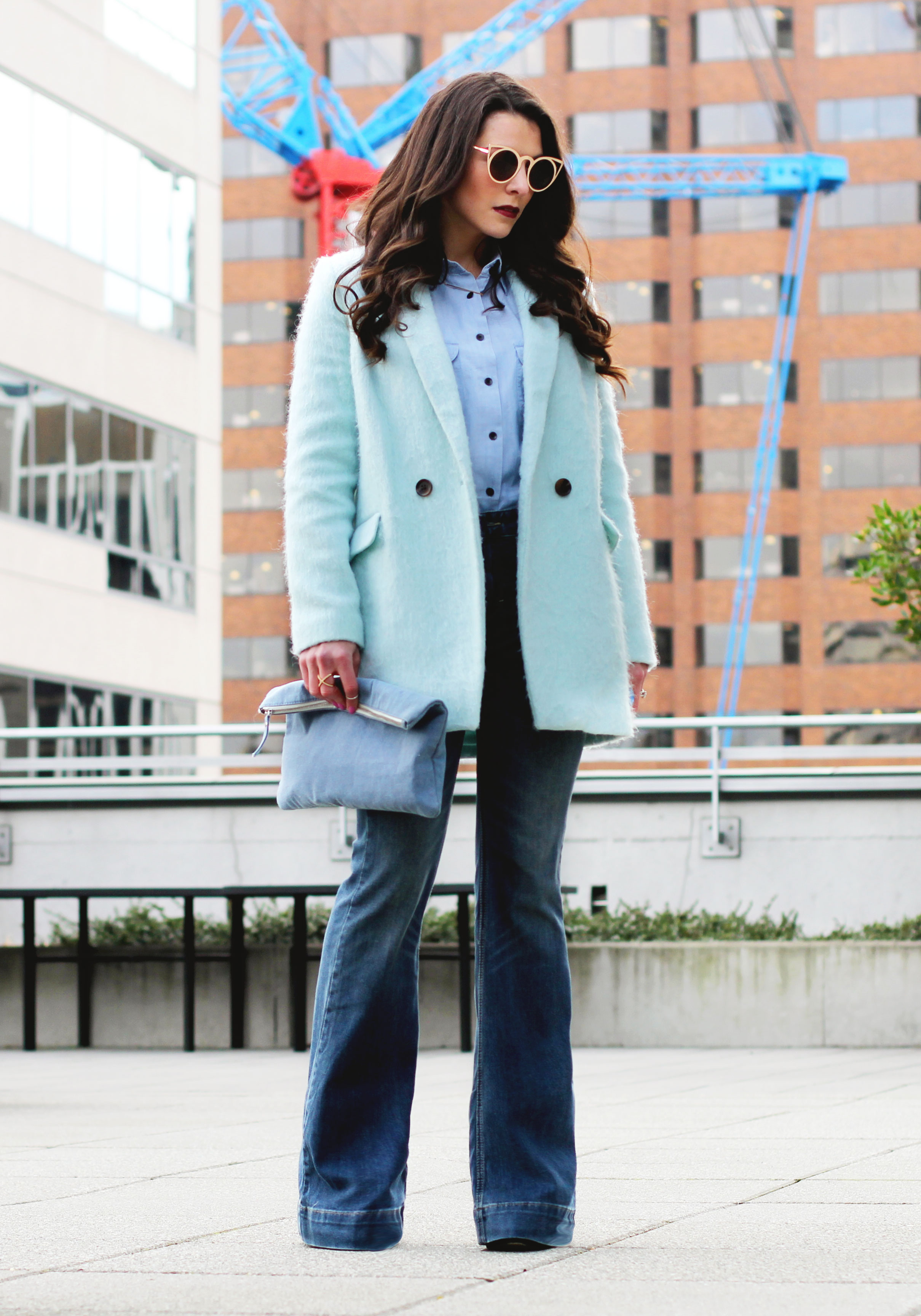 Winter Outfit, All Denim Canadian Tuxedo, Flare Jeans, $10 Gold Cat Eye Sunglasses, Mint Green Coat