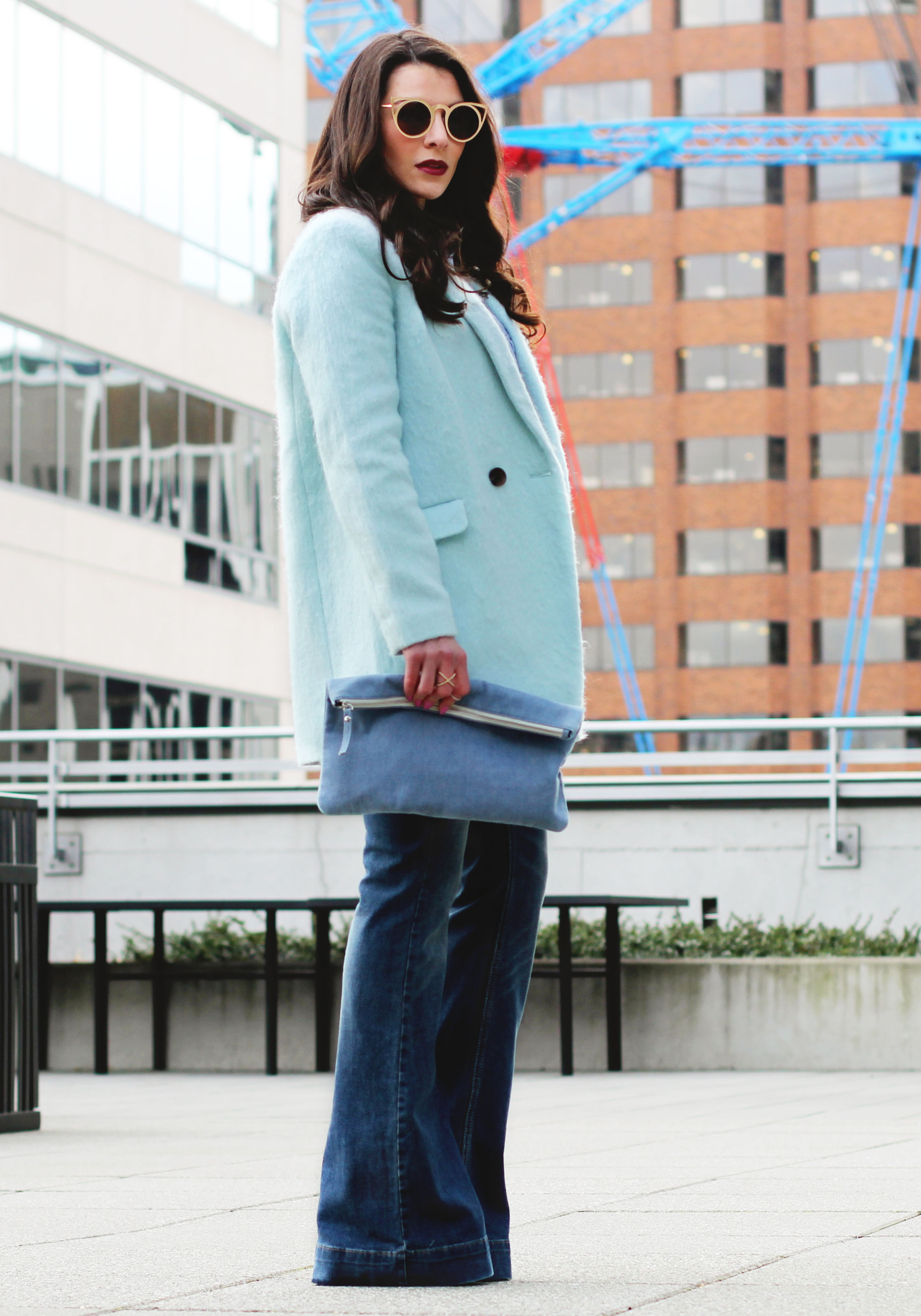 Winter Outfit, All Denim Canadian Tuxedo, Flare Jeans, $10 Gold Cat Eye Sunglasses, Mint Green Coat