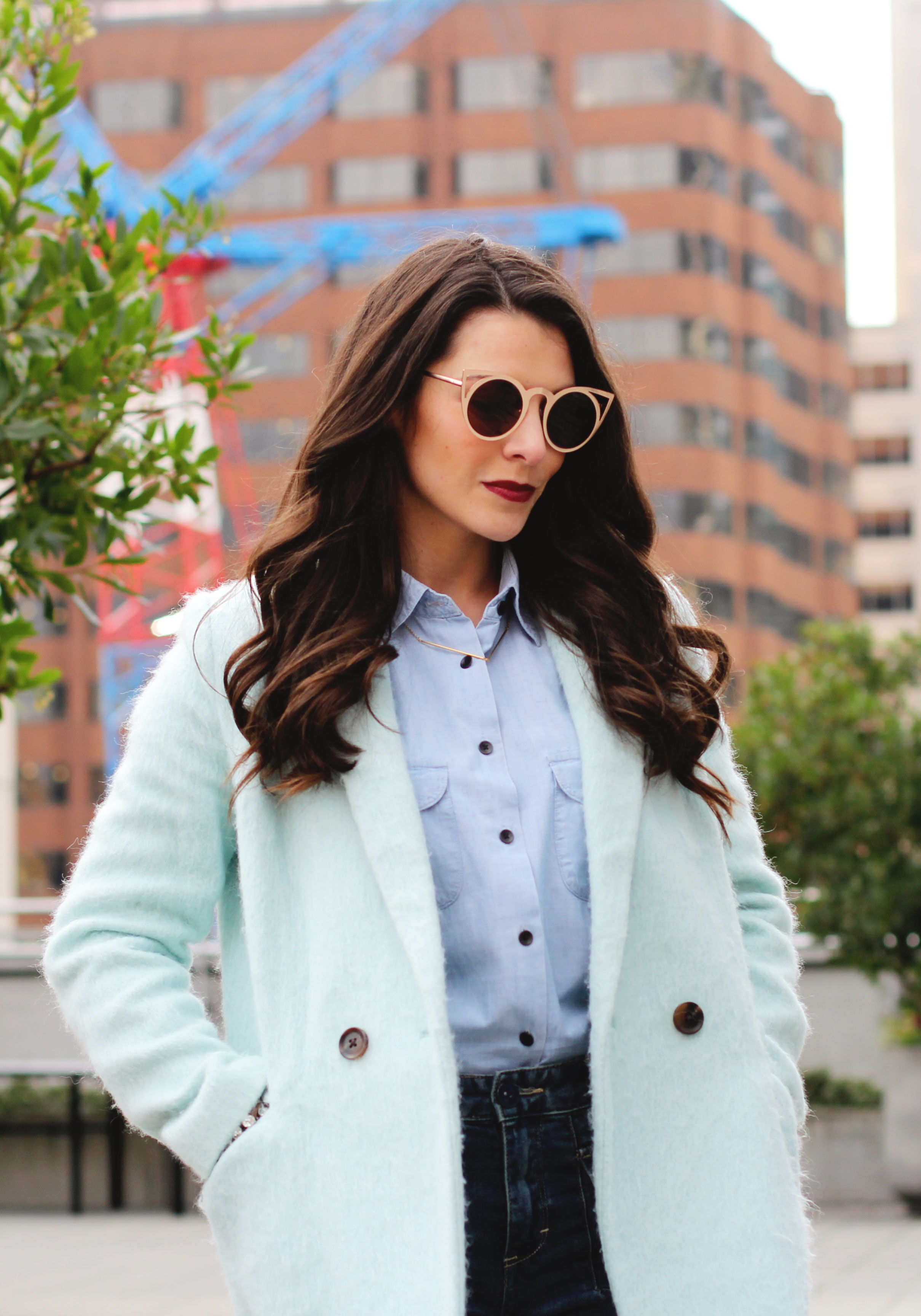 Winter Outfit, All Denim Canadian Tuxedo, Flare Jeans, $10 Gold Cat Eye Sunglasses, Mint Green Coat
