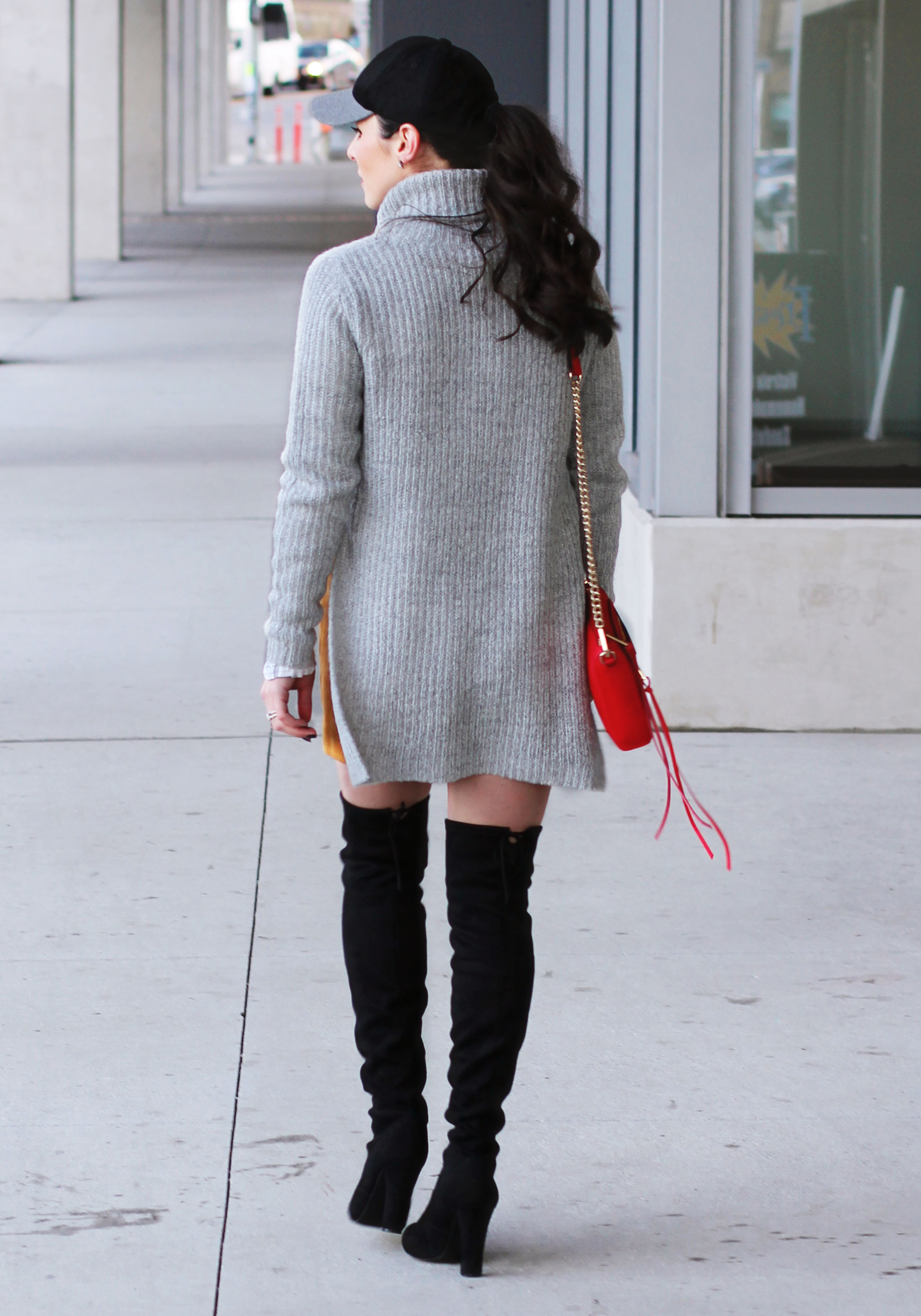 Winter Outfit, Sweater with Suede Skirt, Steve Madden Gorgeous Over The Knee Boots, Wool Baseball Hat, Red Rebecca Minkoff Avery Crossbody Bag 